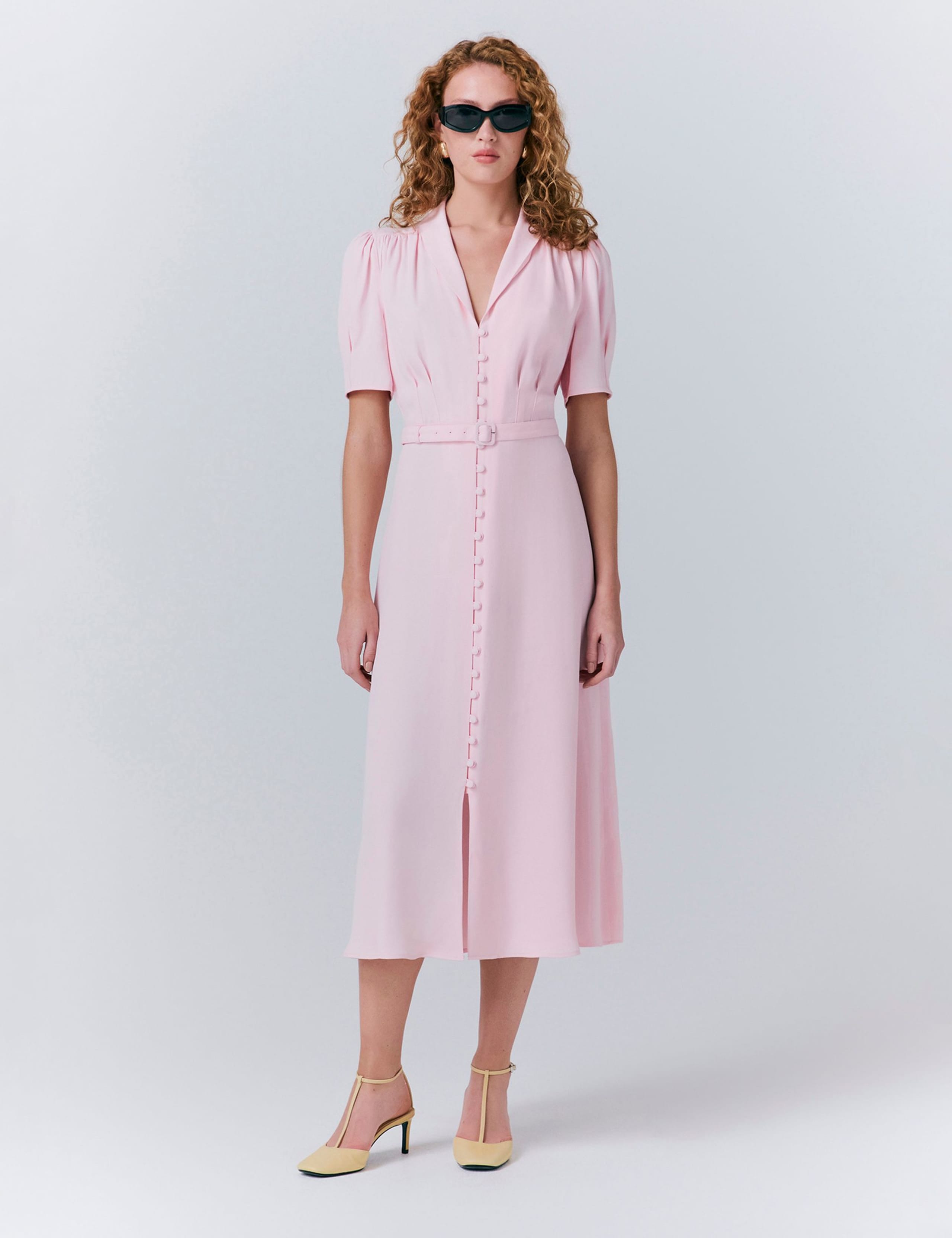 V-Neck Belted Button Through Midi Tea Dress