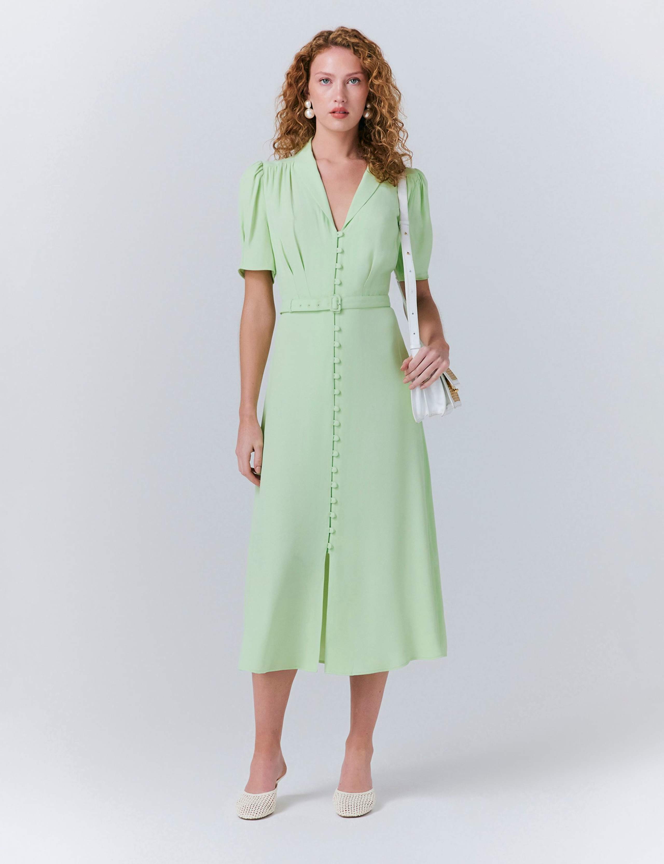 V-Neck Belted Button Through Midi Tea Dress