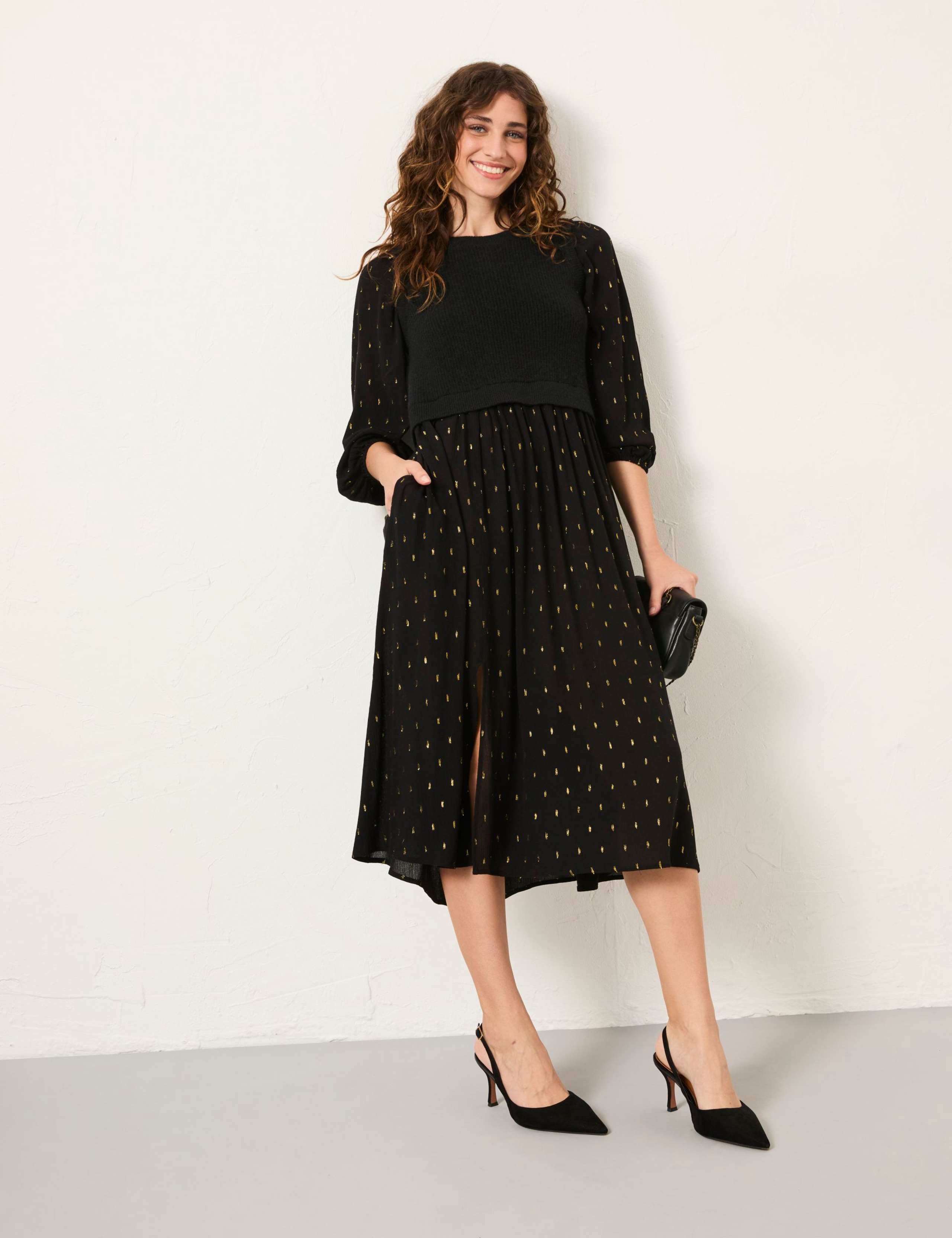 Metallic Printed Midi Jumper Dress