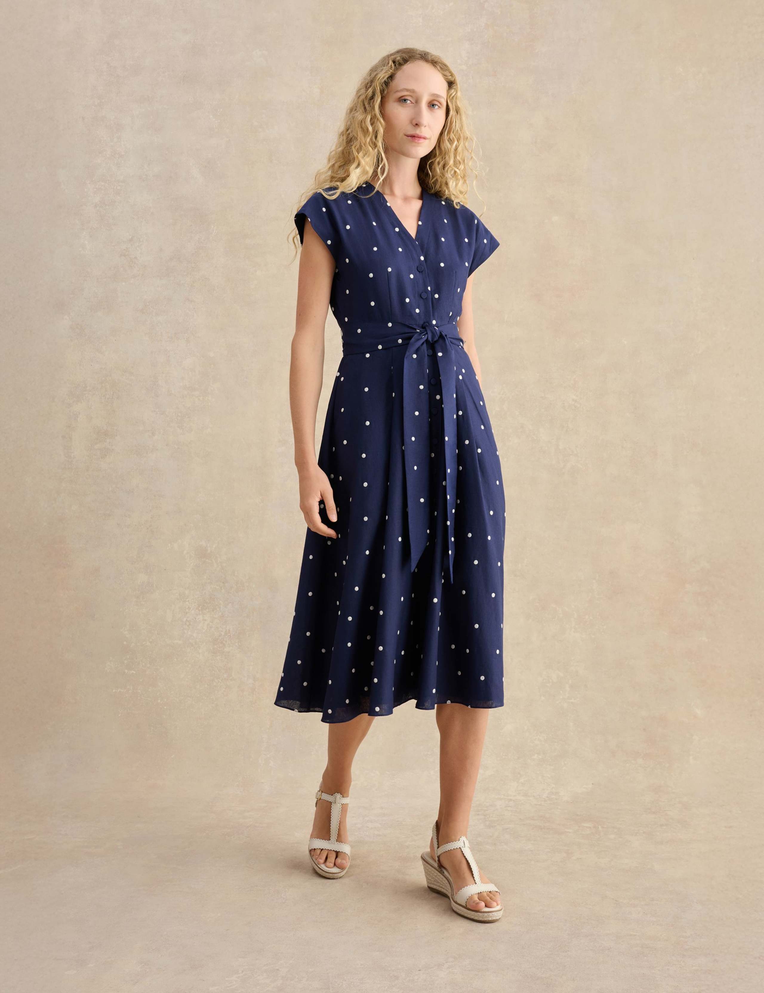 Linen Rich Spot Print V-Neck Skater Dress