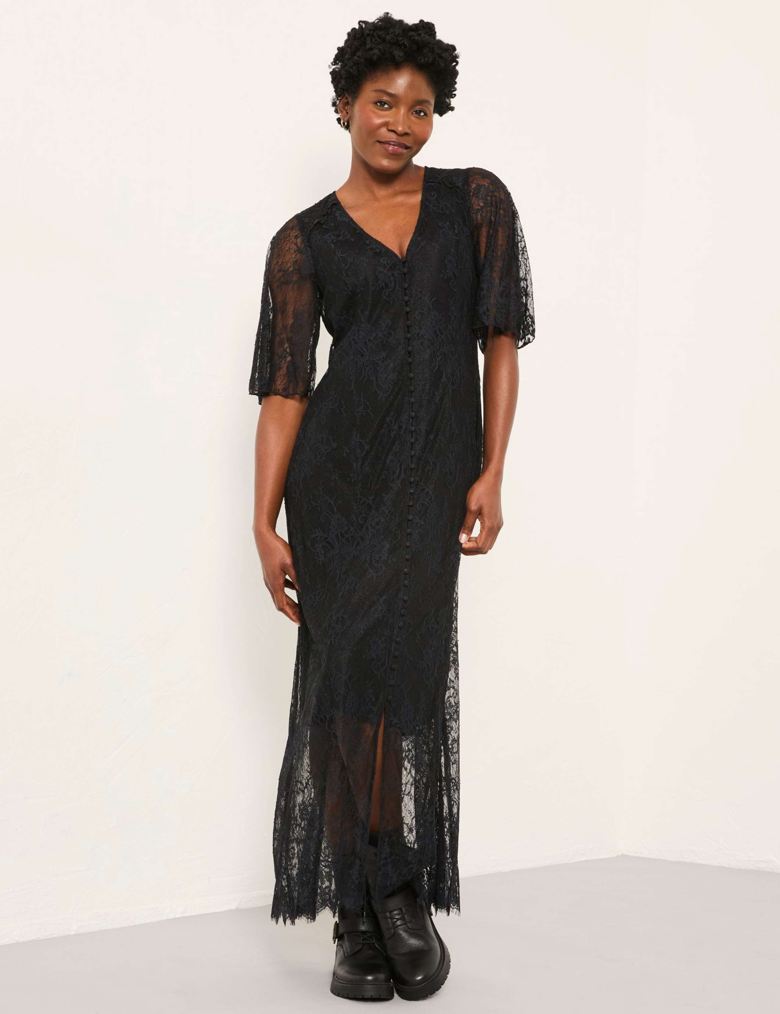 Lace V-Neck Angel Sleeve Midi Column Dress