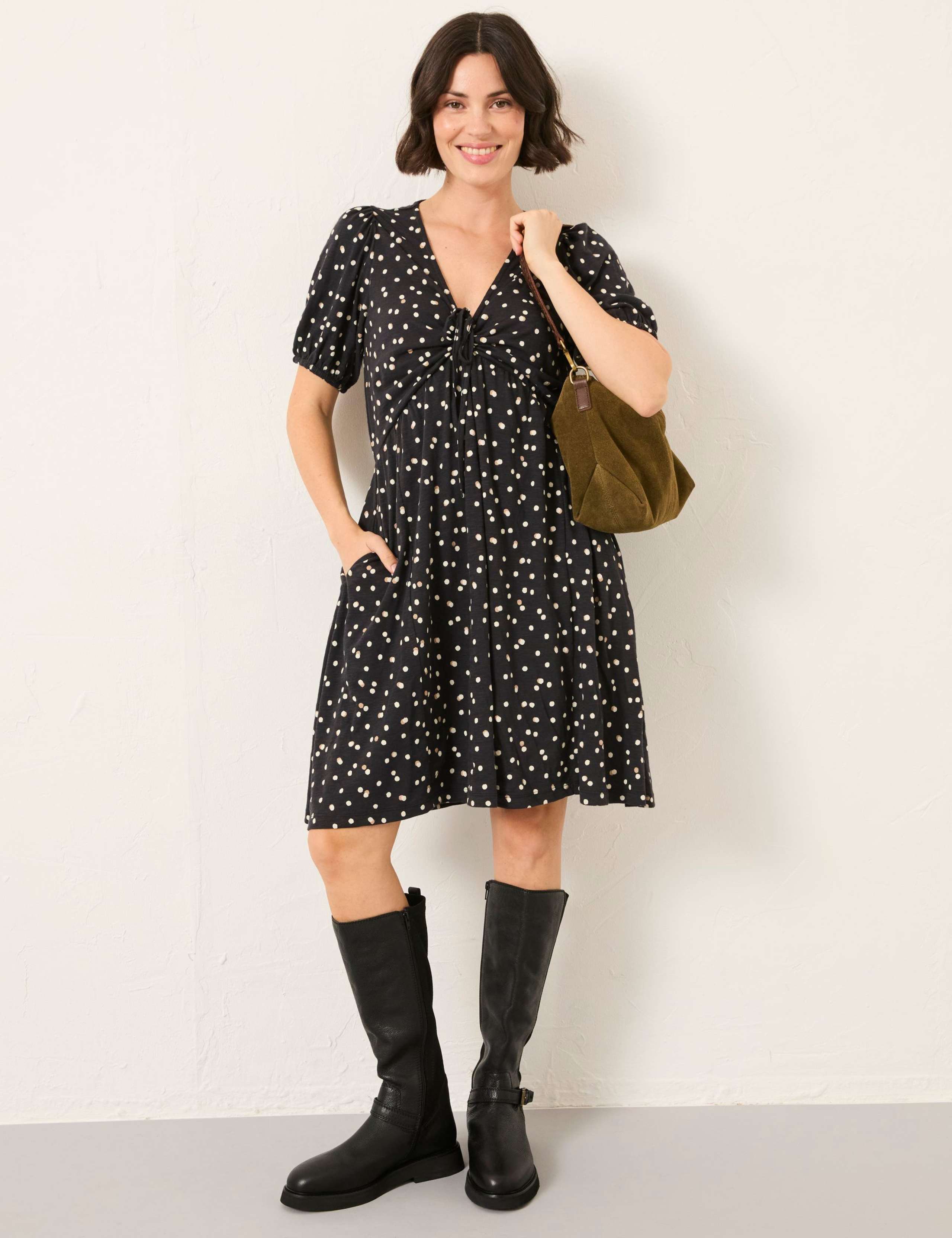 Cotton Rich Polka Dot V-Neck Midi Tea Dress