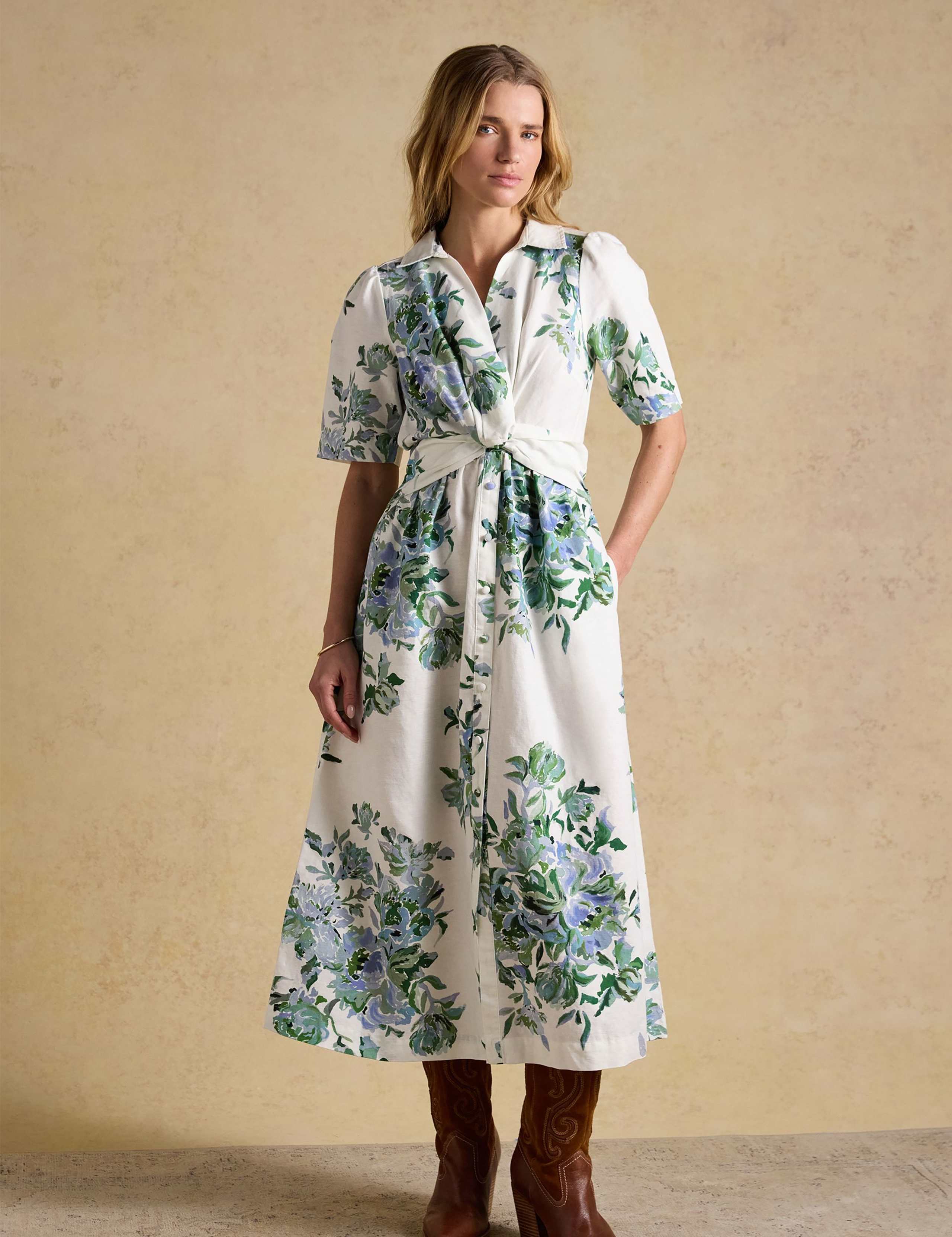 Linen Rich Floral Knot Midaxi Shirt Dress