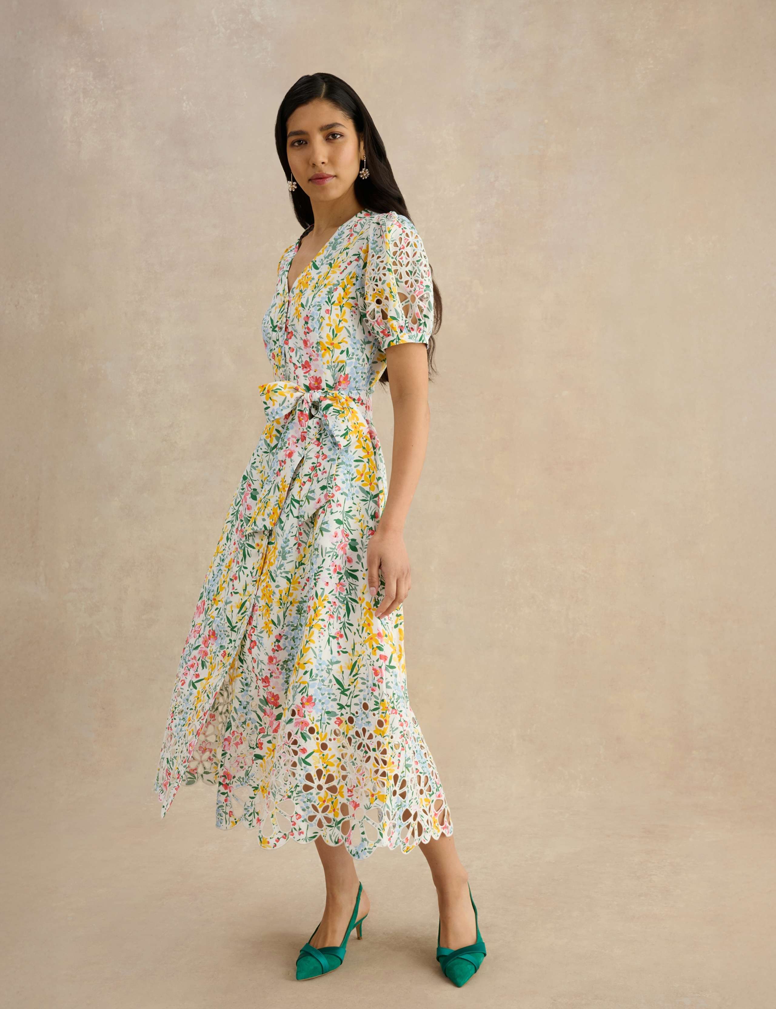 Linen Blend Floral Midi Tea Dress