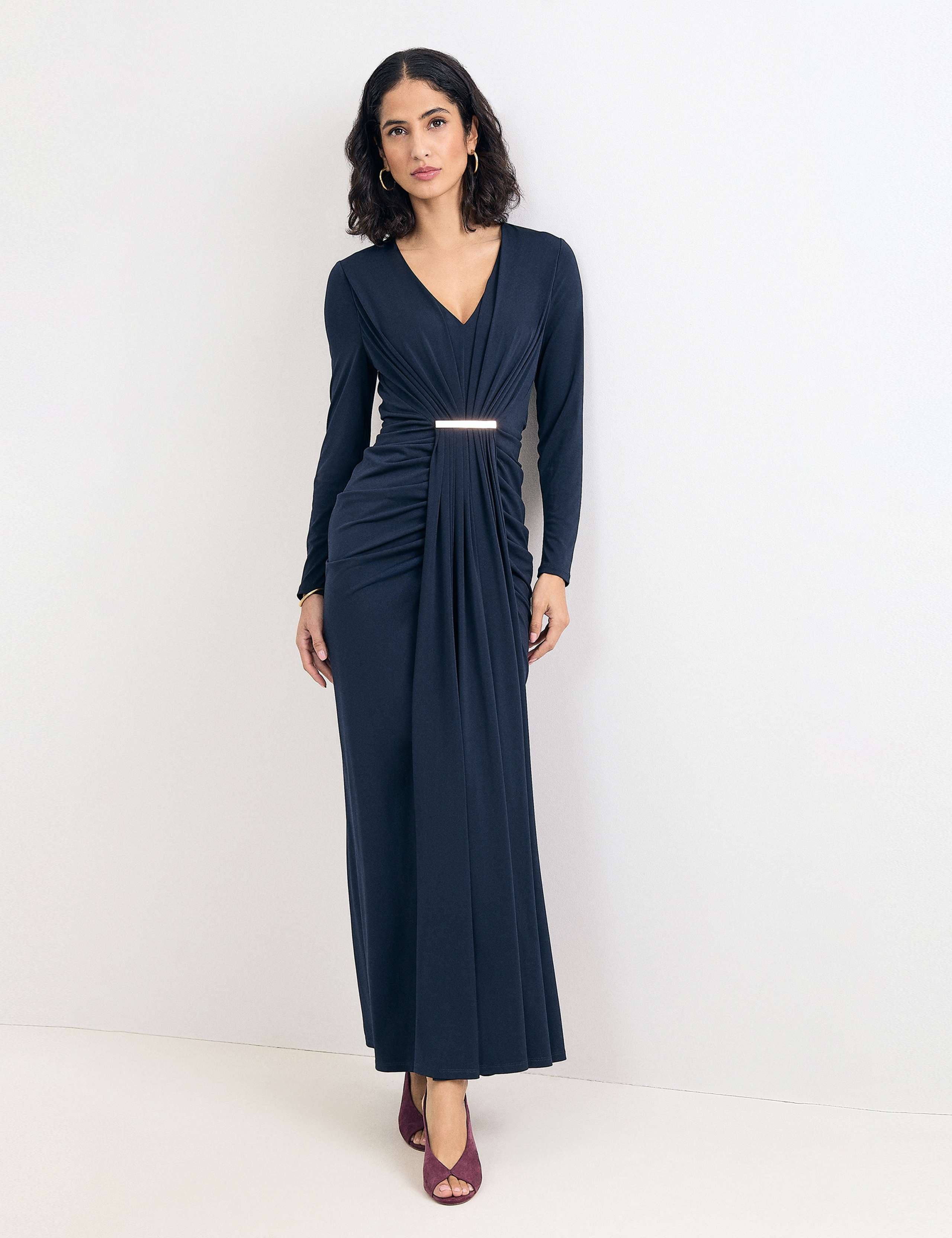V Neck Ruched Zip Up Maxi Dress