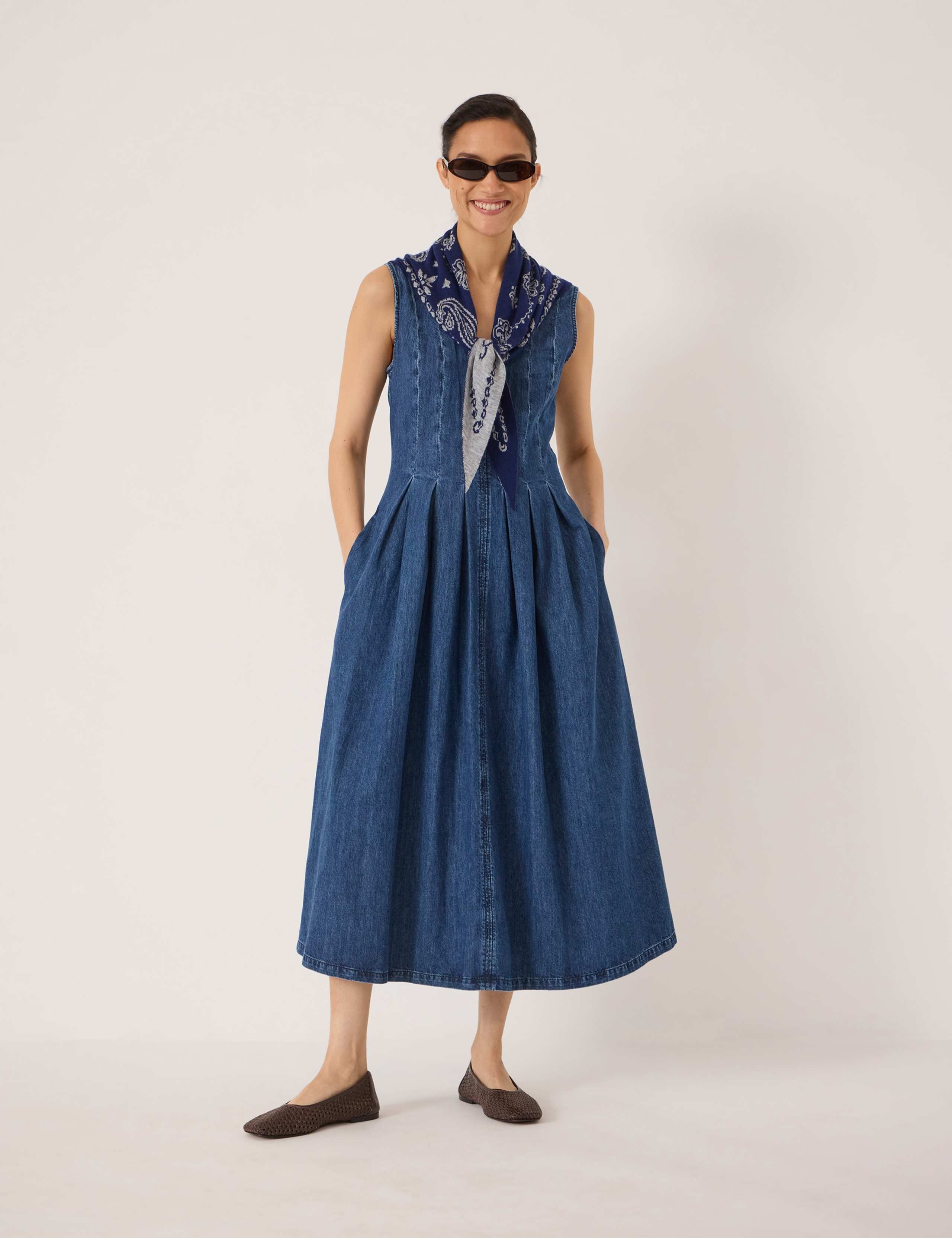 Denim V-Neck Pleated Midaxi Skater Dress