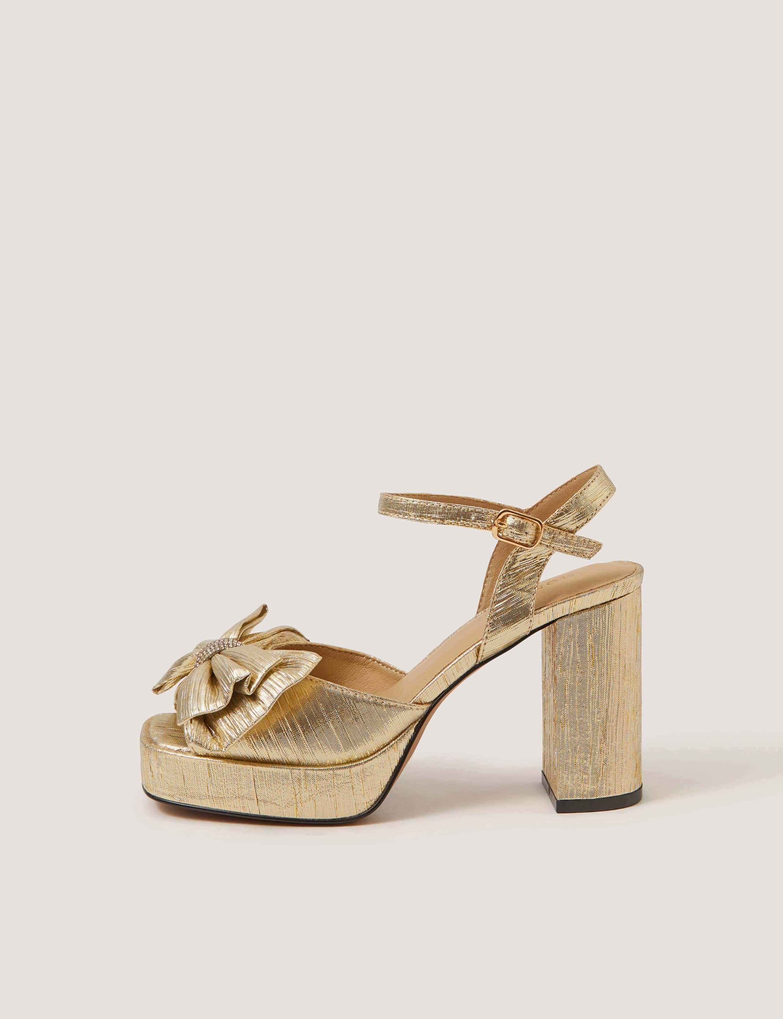 Metallic Bow Ankle Strap Platform Sandals