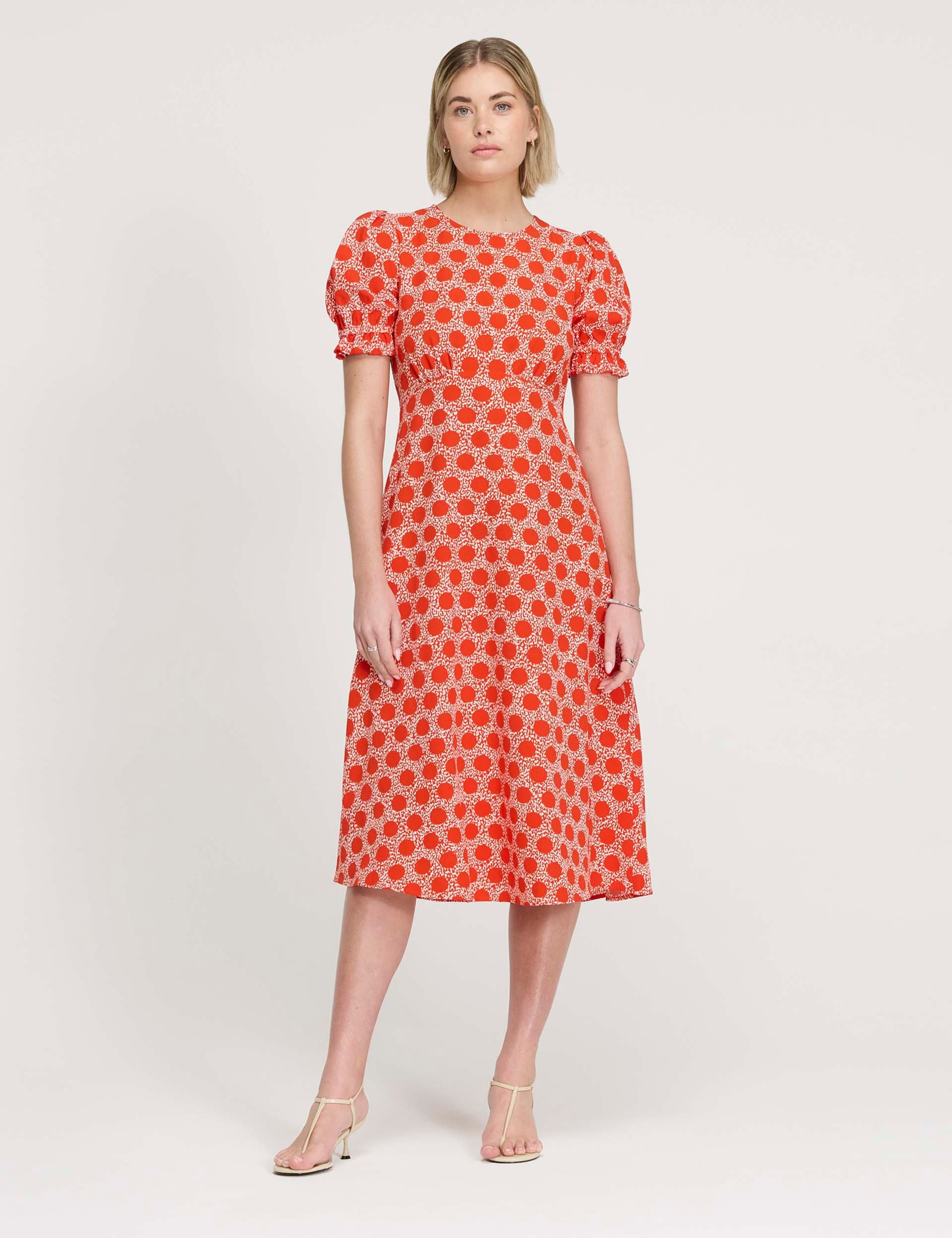 Spot Print Midi Waisted Tea Dress