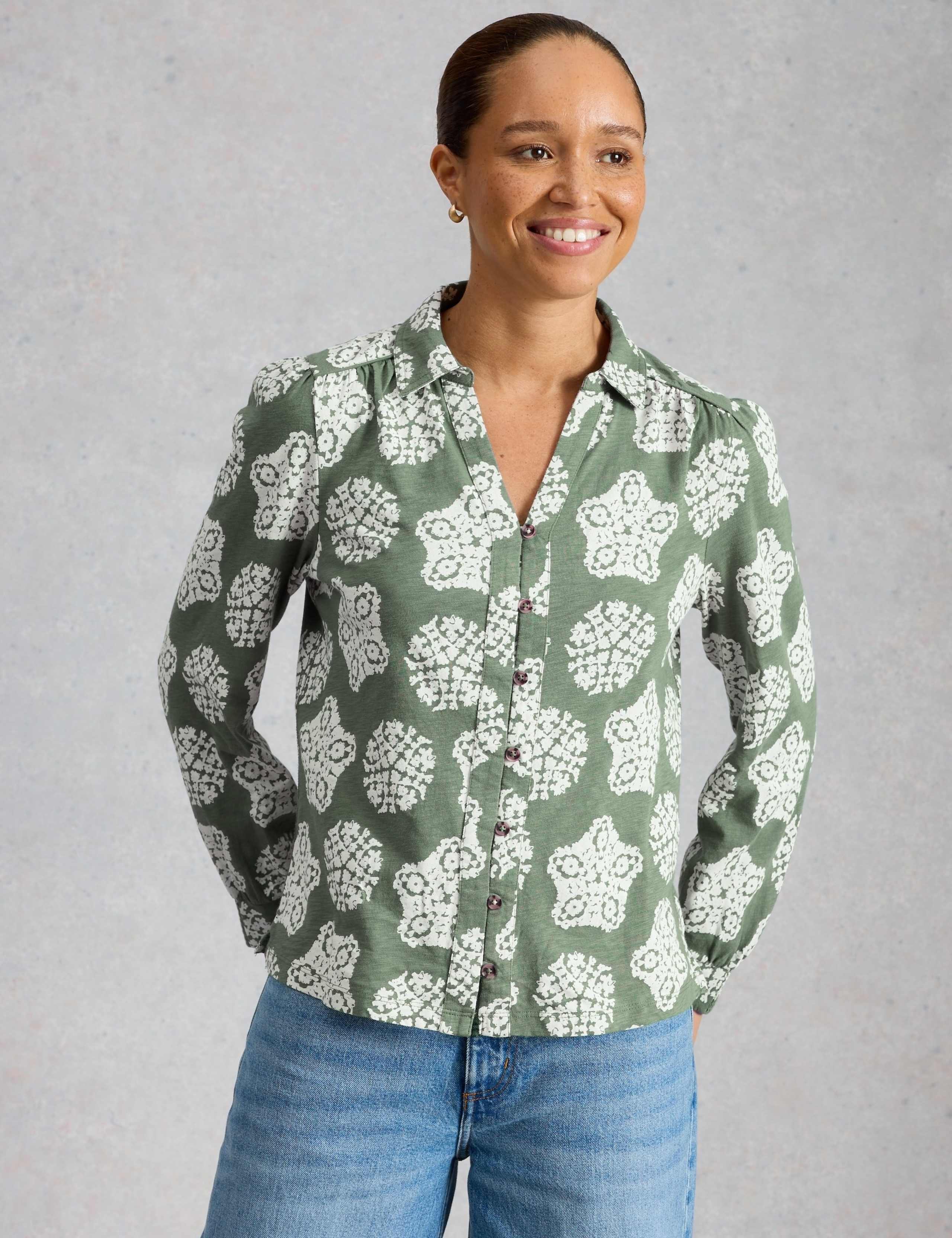 Pure Cotton Printed Collared Notch Neck Blouse