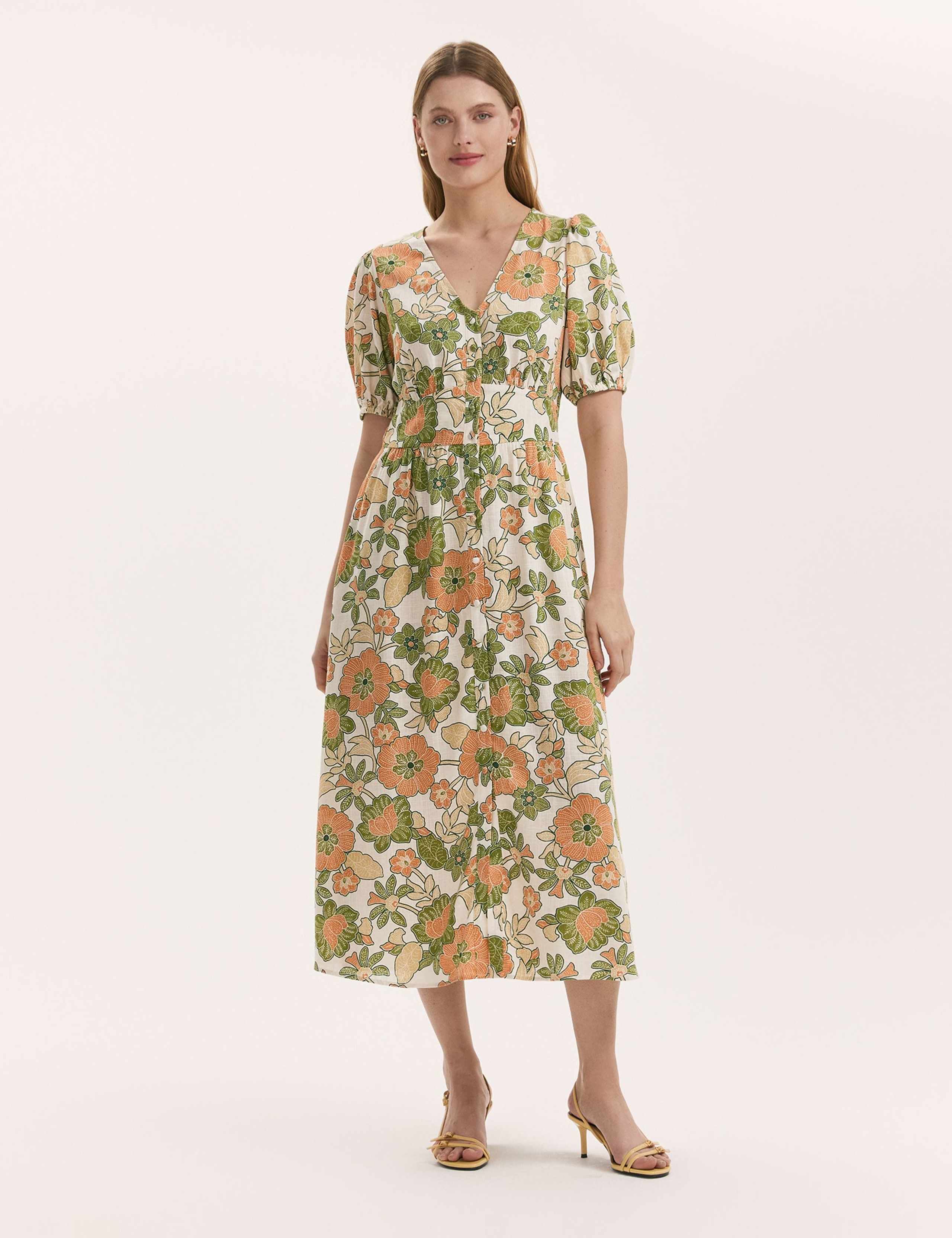Floral V-Neck Midi Tea Dress With Linen