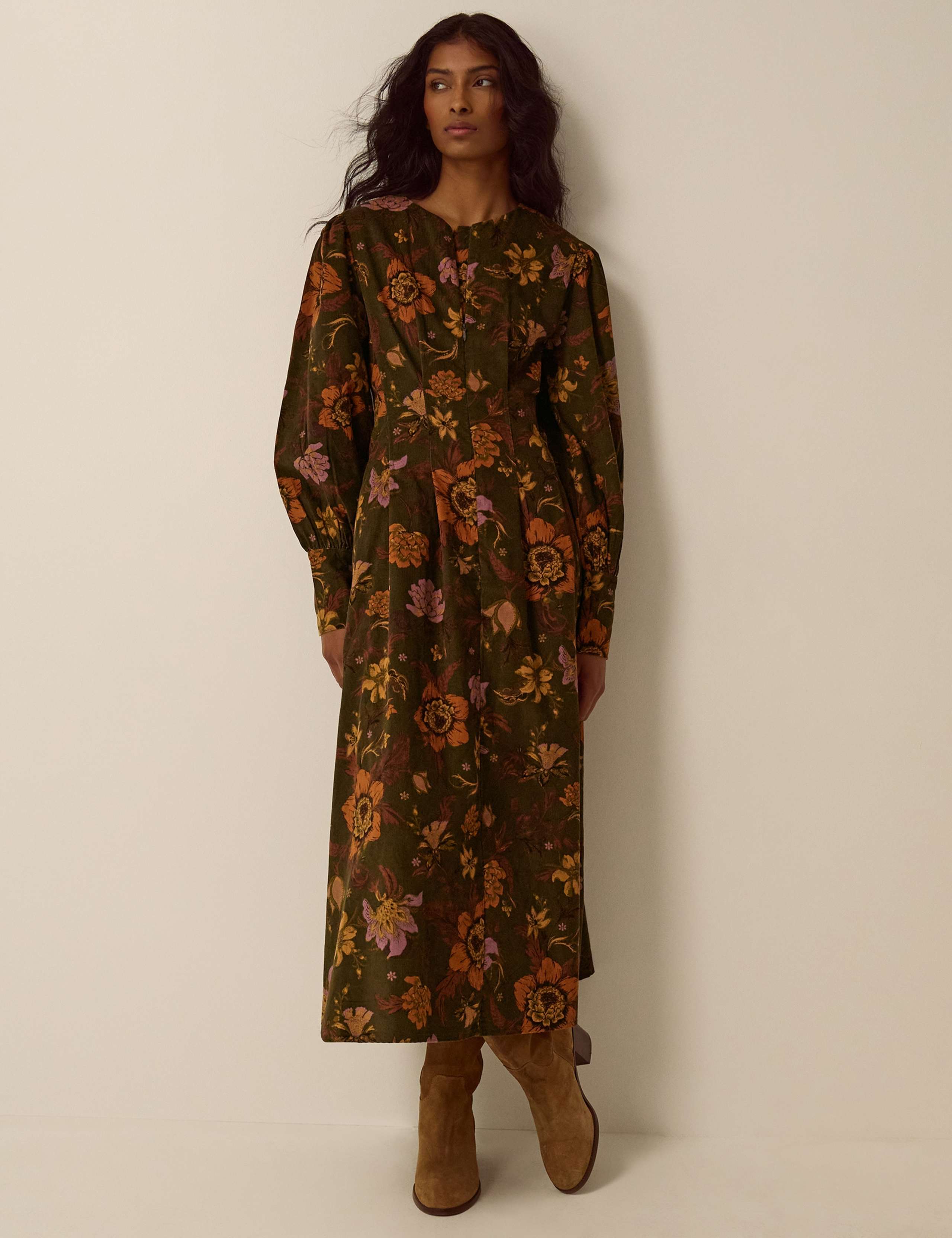 Cord Floral Round Neck Midi Skater Dress