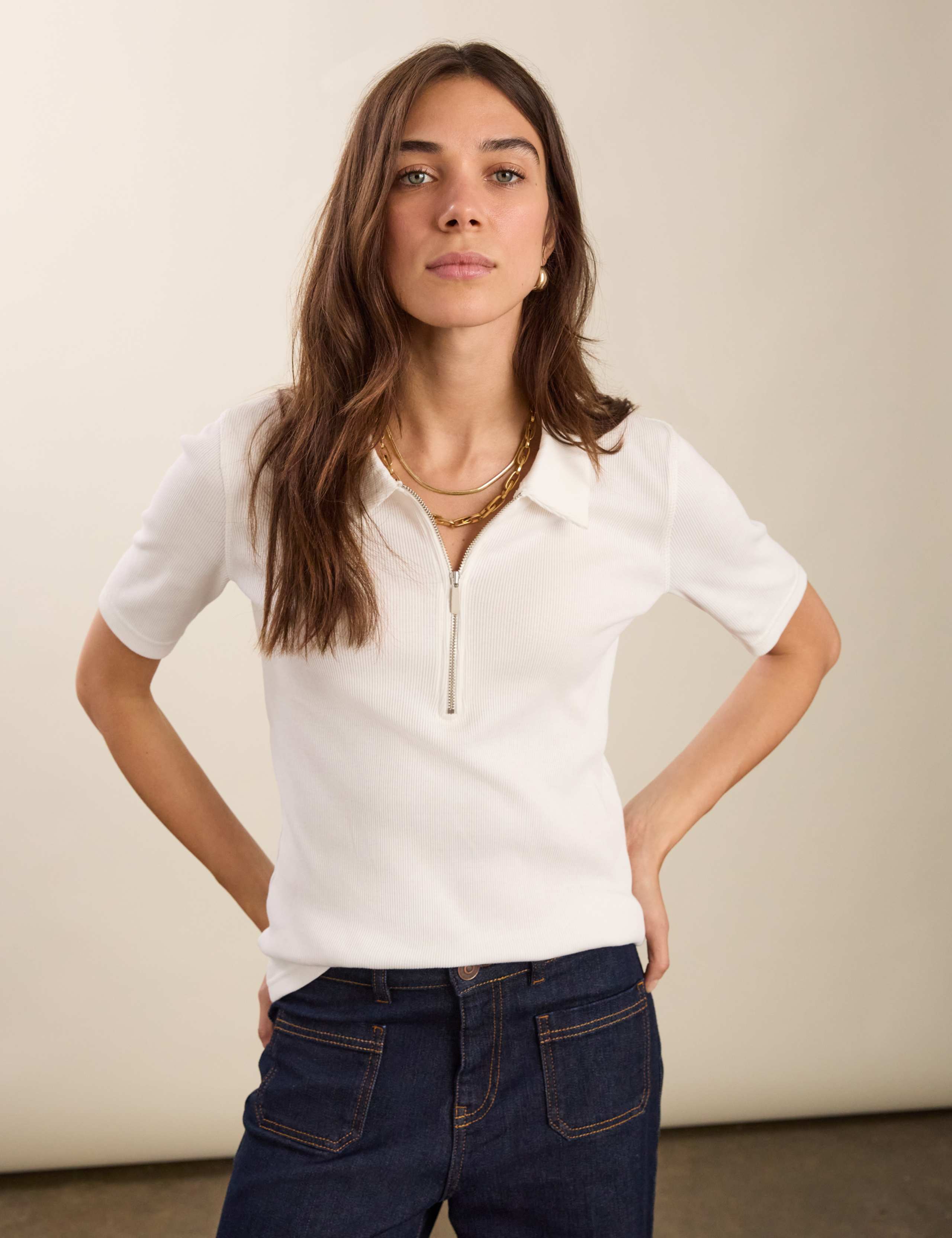 Pure Cotton Ribbed Half Zip Top