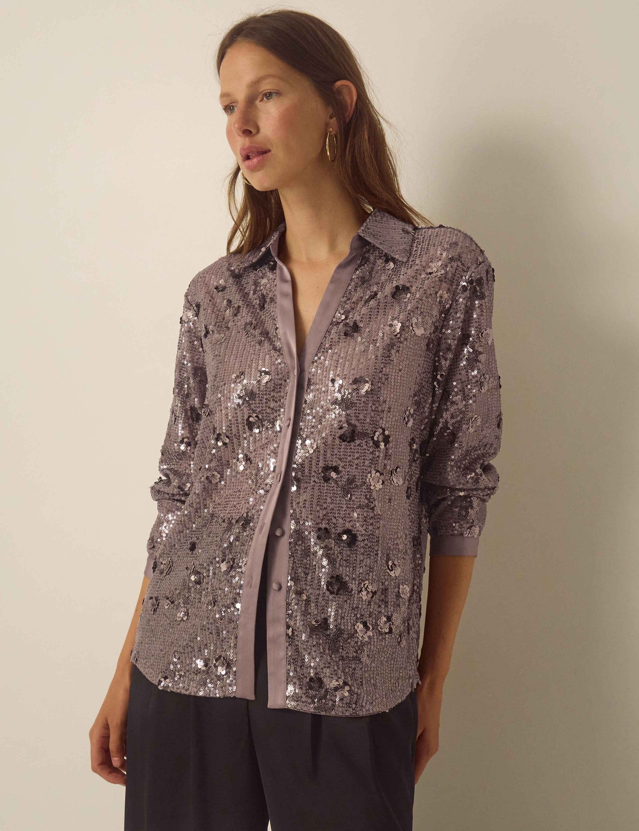 Sequin Collared Button Through Shirt
