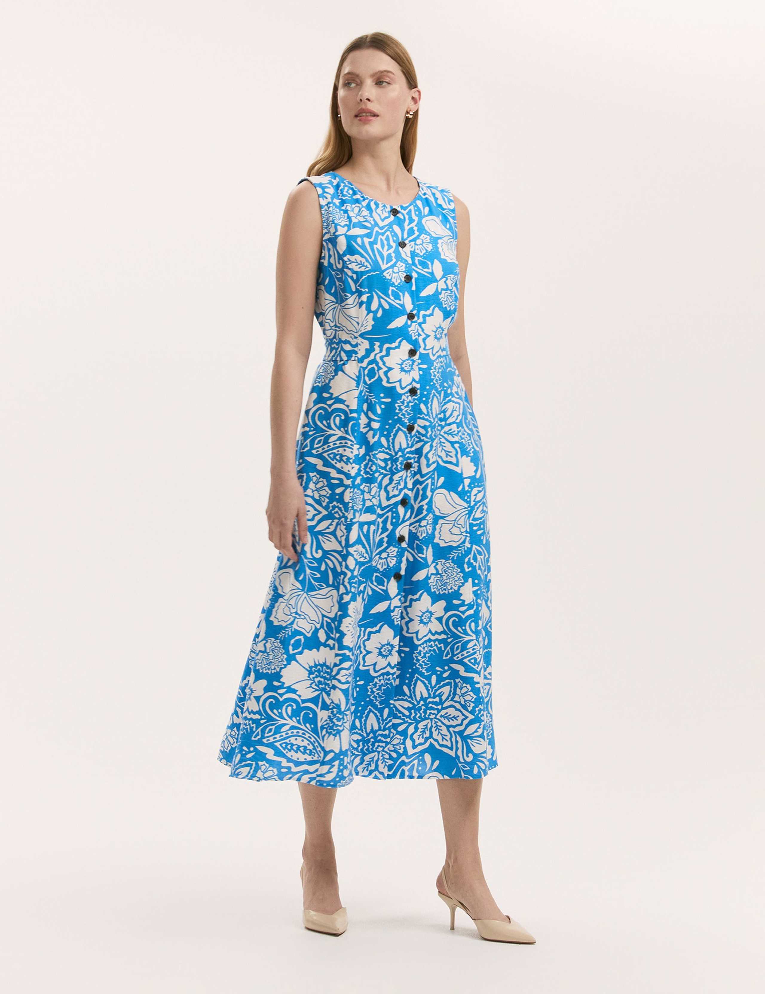 Printed Button Through Midi Skater Dress