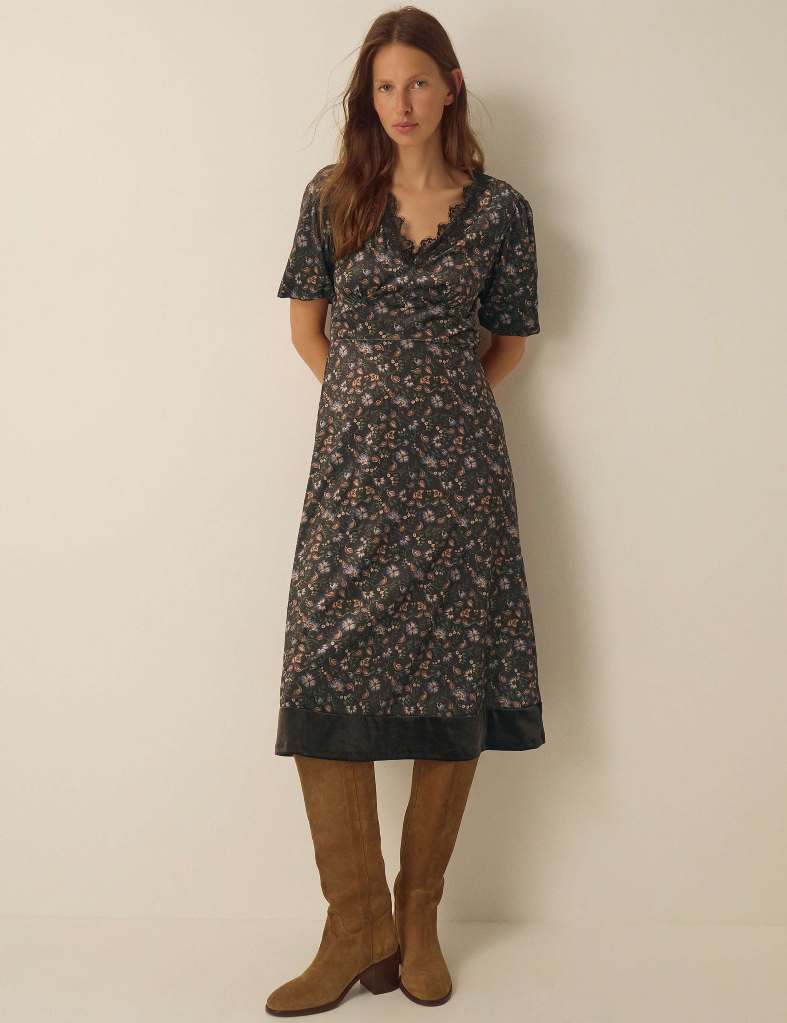 Velvet Printed V Neck Midi Tea Dress