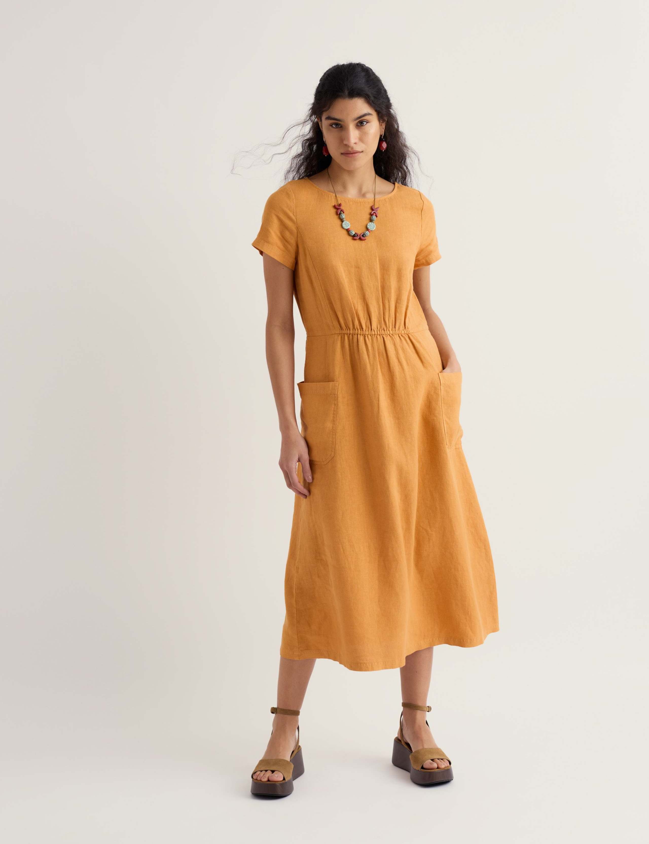 Pure Linen Round Neck Midi Waisted Dress
