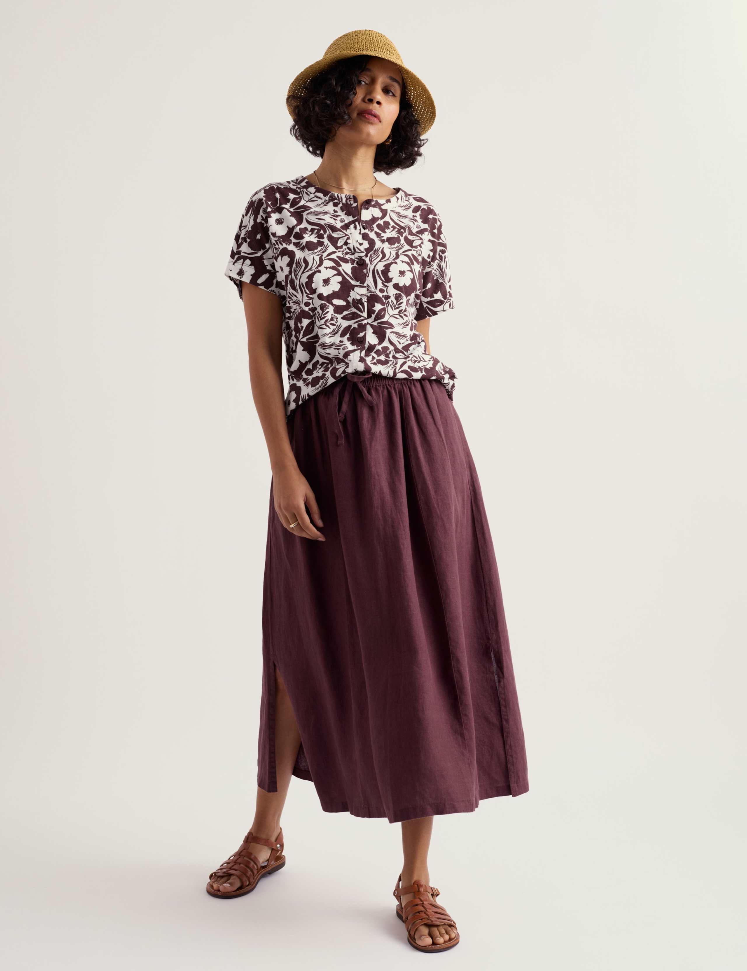Pure Linen Side Split Midi A-Line Skirt