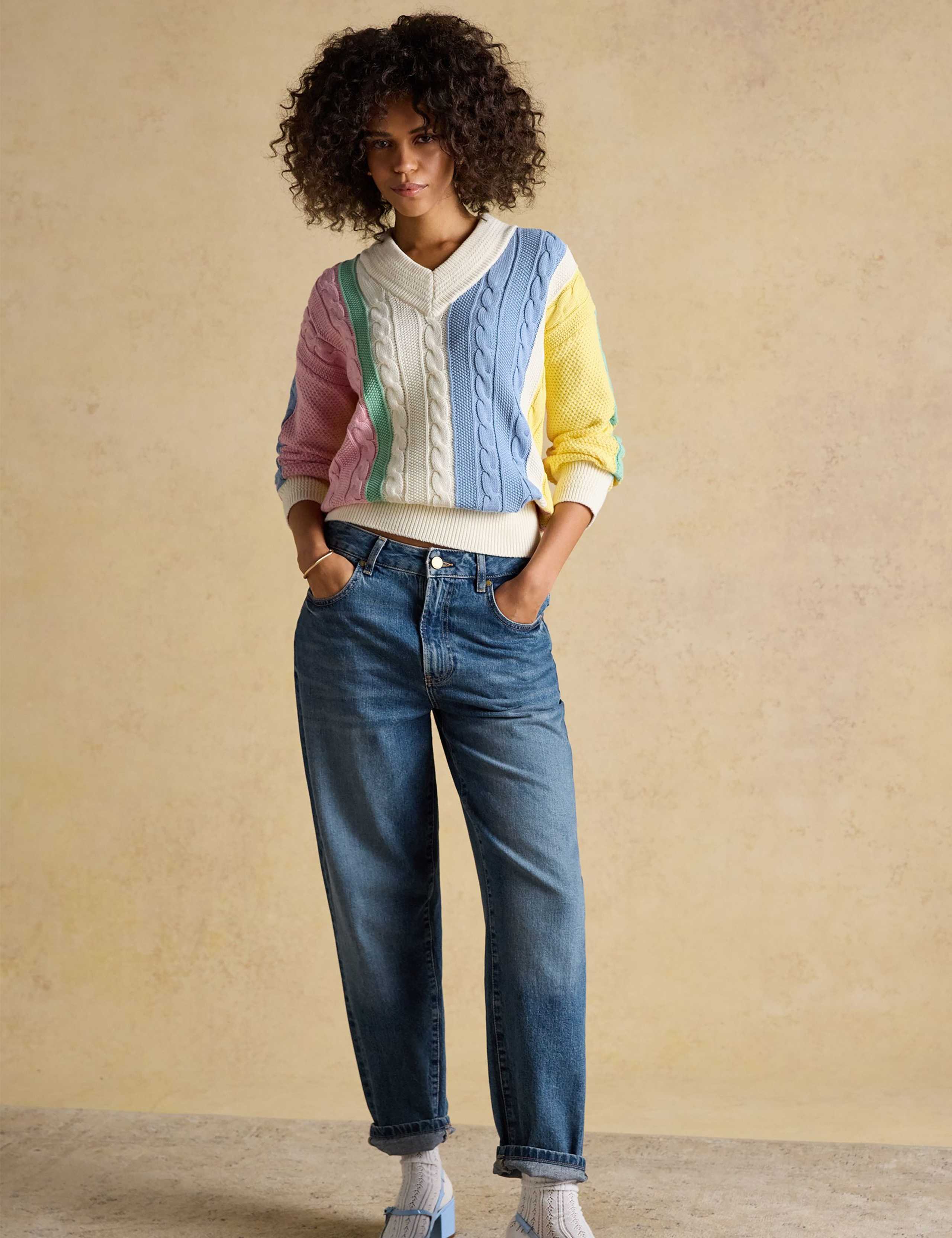 Pure Cotton Striped Cable Knit V-Neck Jumper