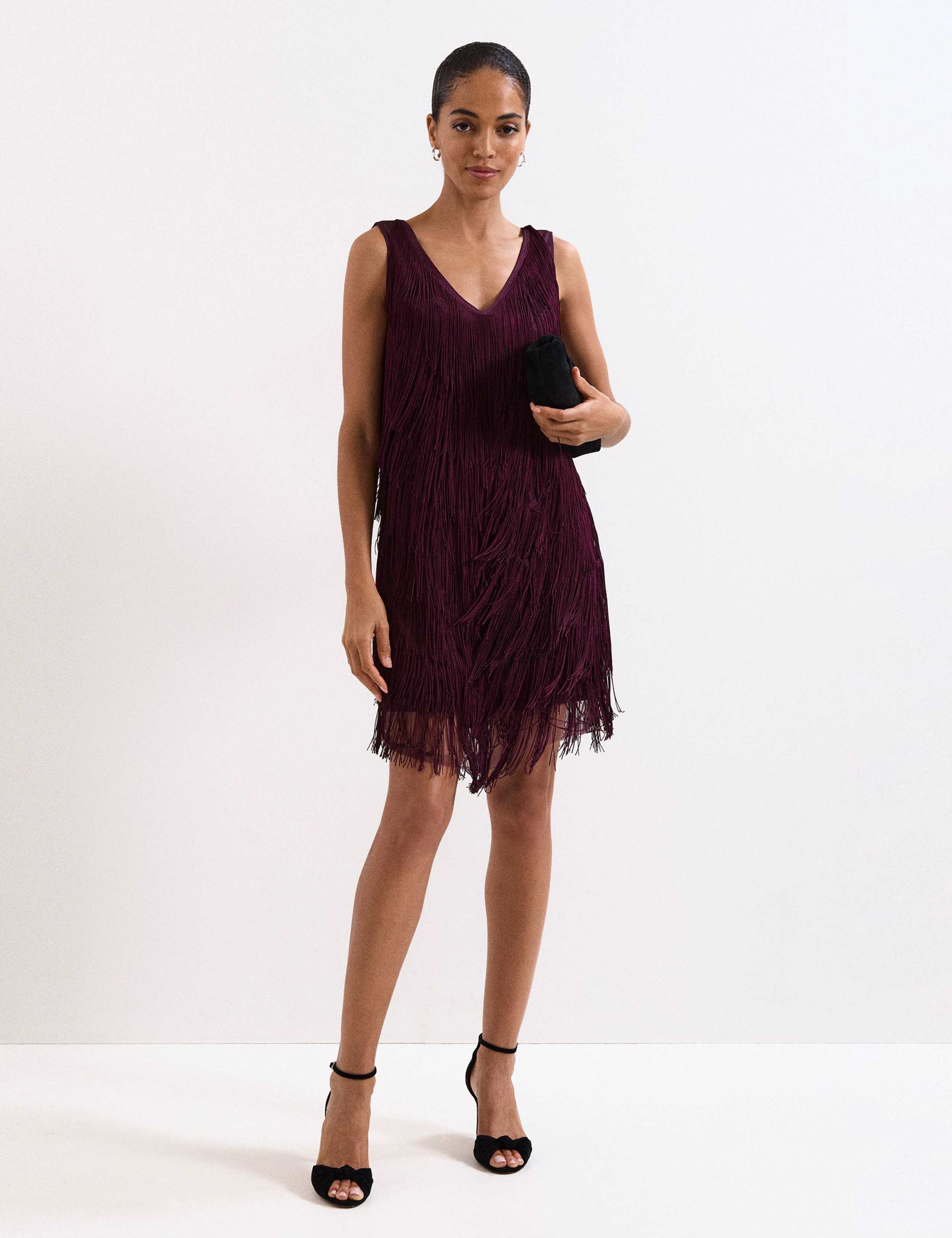 V-Neck Fringed Knee Length Shift Dress