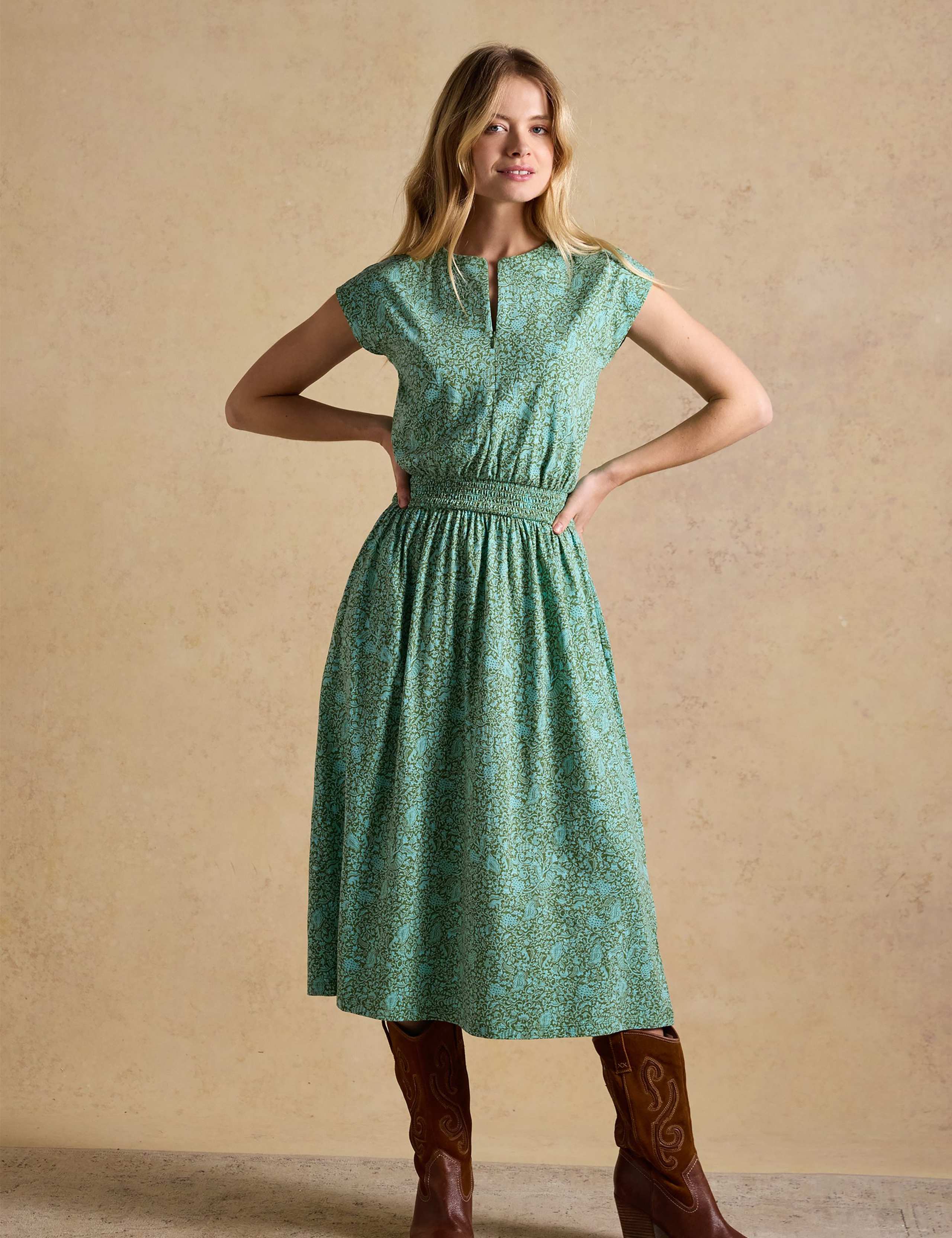 Pure Cotton Floral Midi Shirred Dress