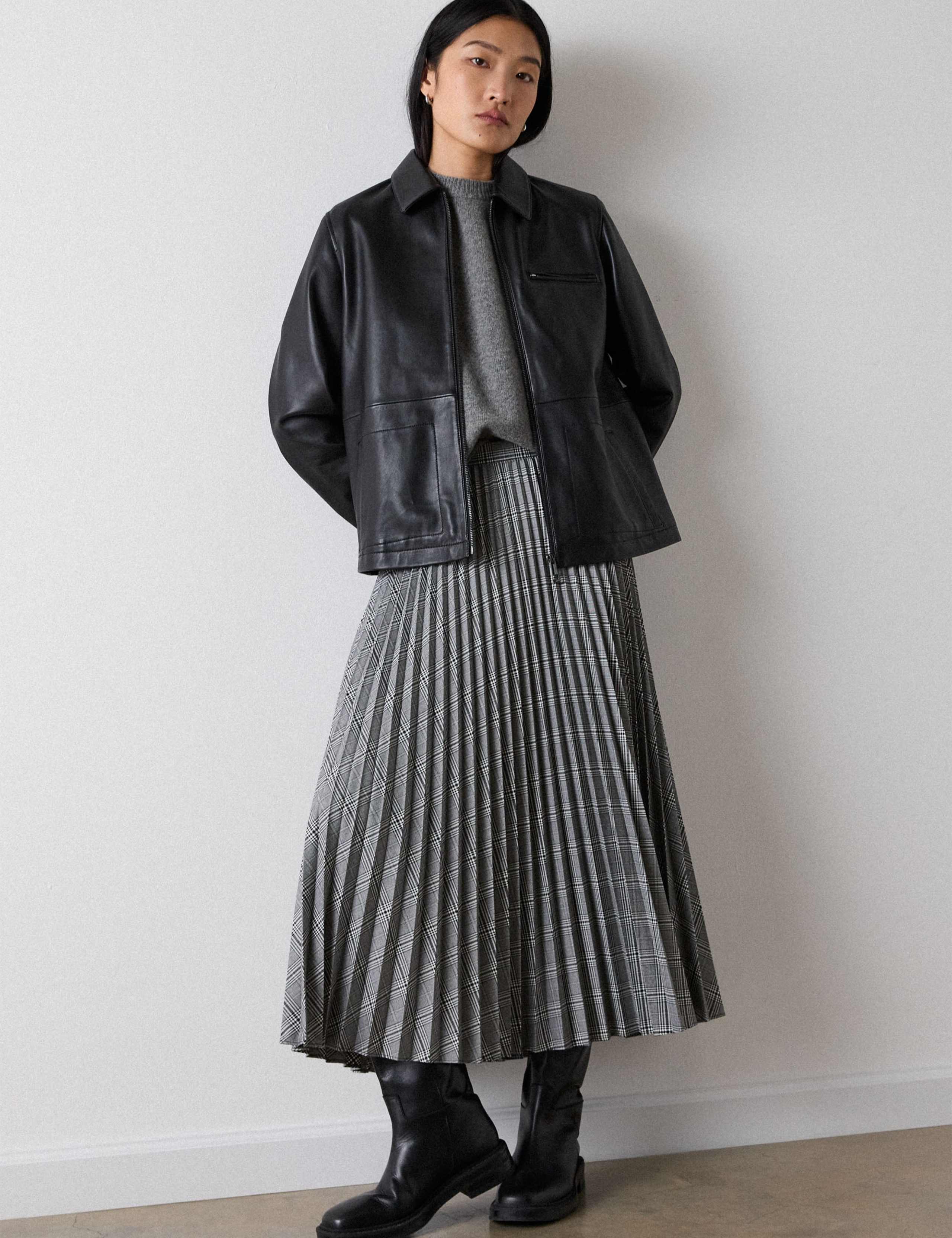 Checked Pleated Midi A-Line Skirt