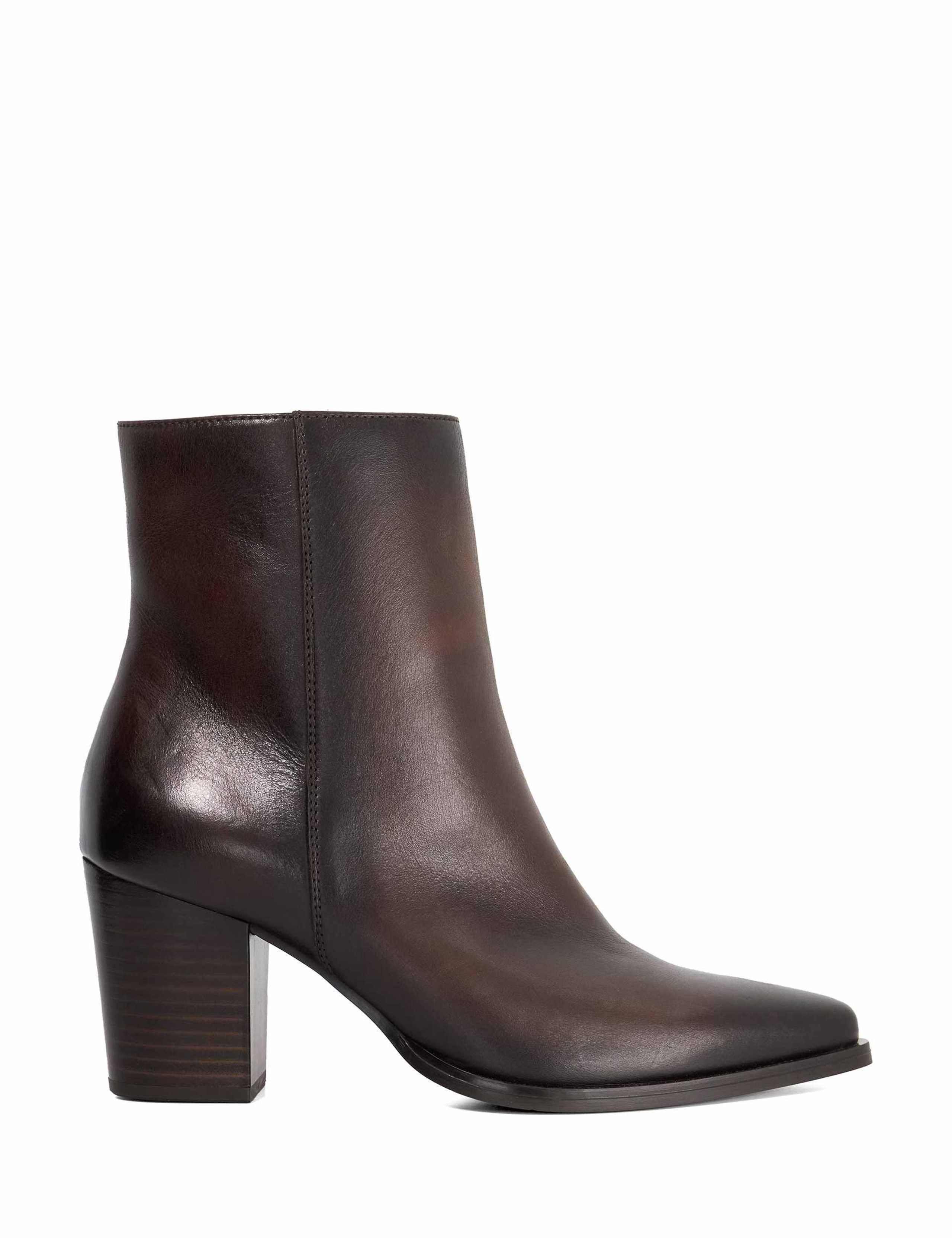 Leather Block Heel Pointed Ankle Boots
