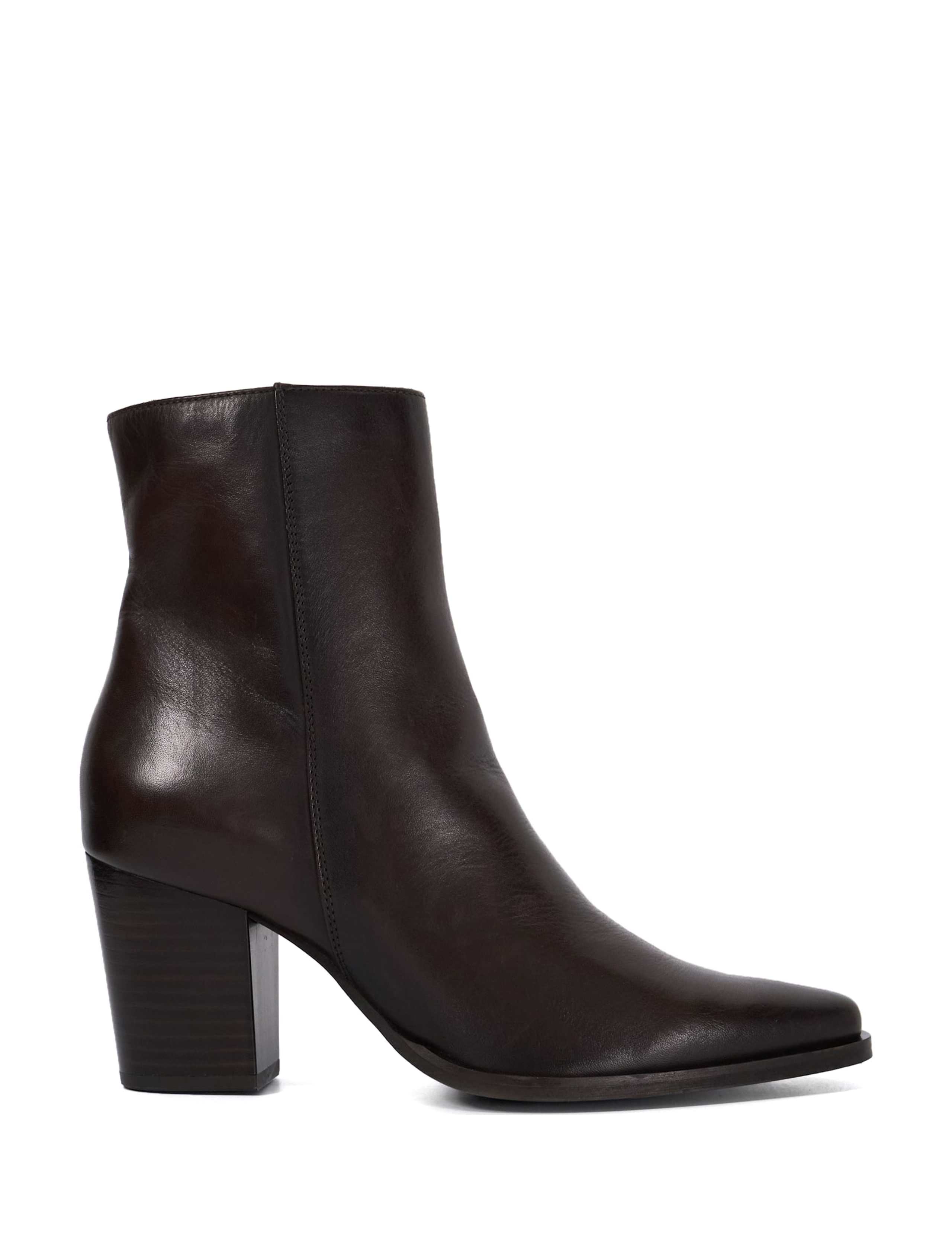 Leather Block Heel Pointed Ankle Boots