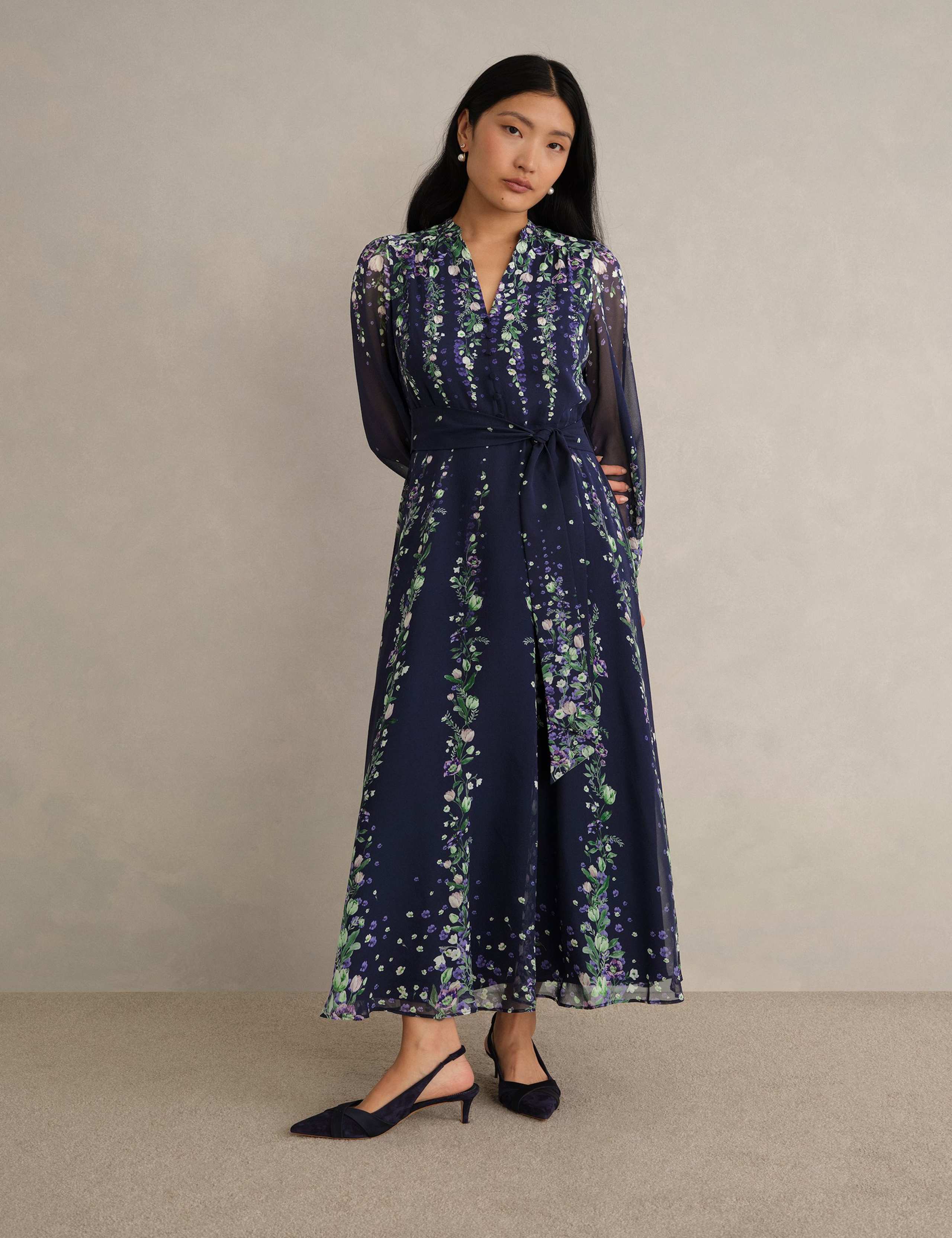 Silk Floral V-Neck Maxi Wrap Dress