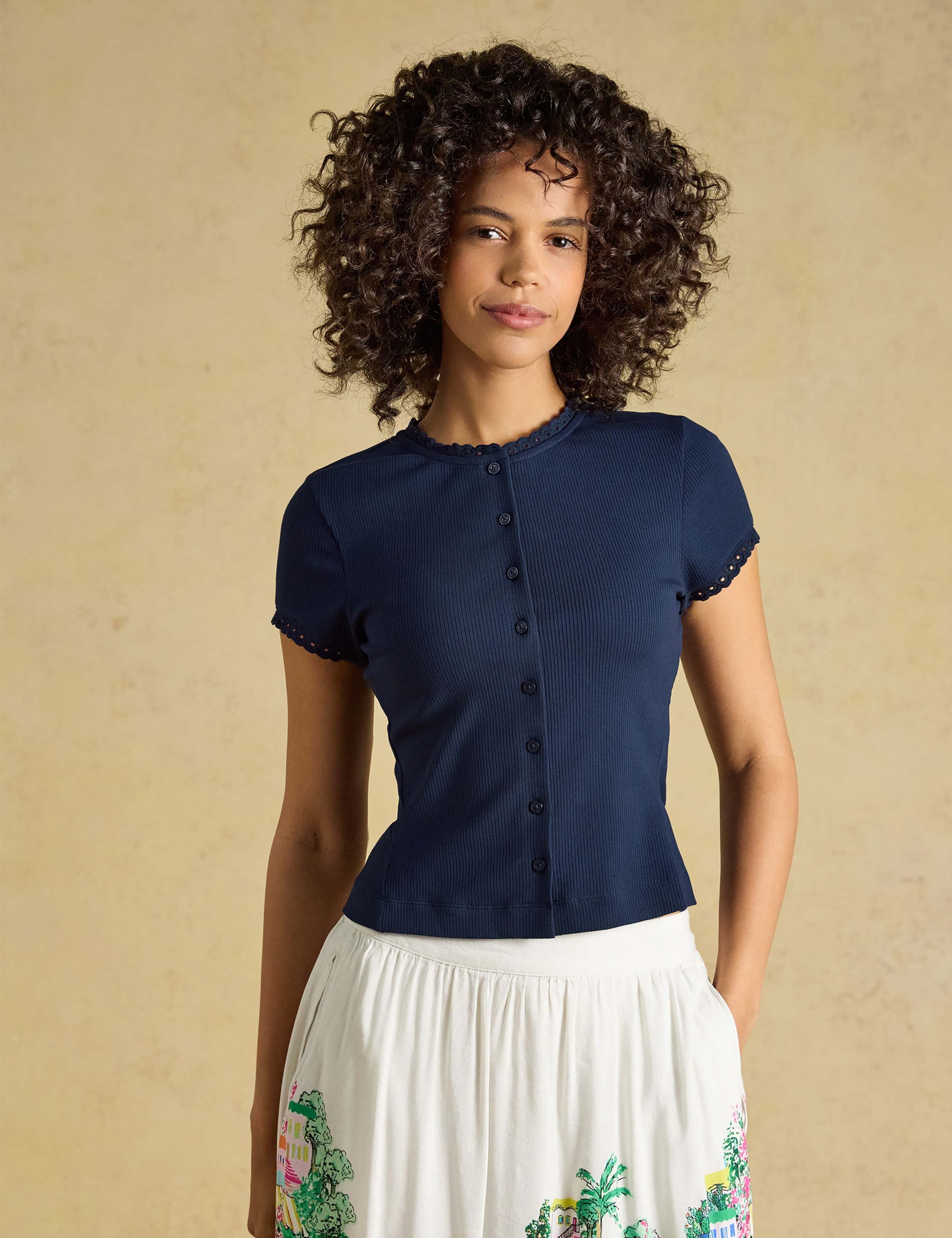 Cotton Rich Broderie Detail Crew Neck Top