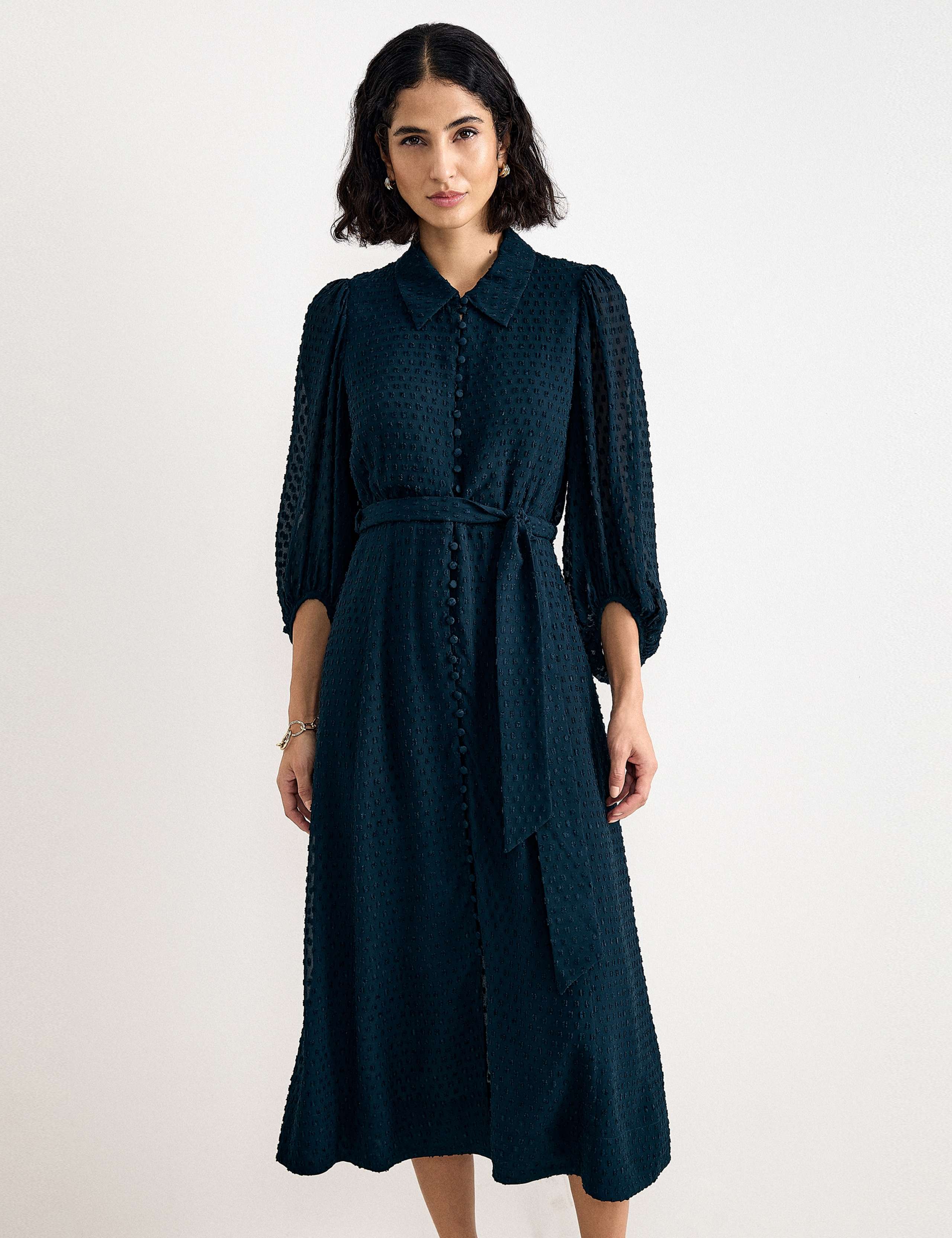 Sheer Textured Belted Shirt Dress