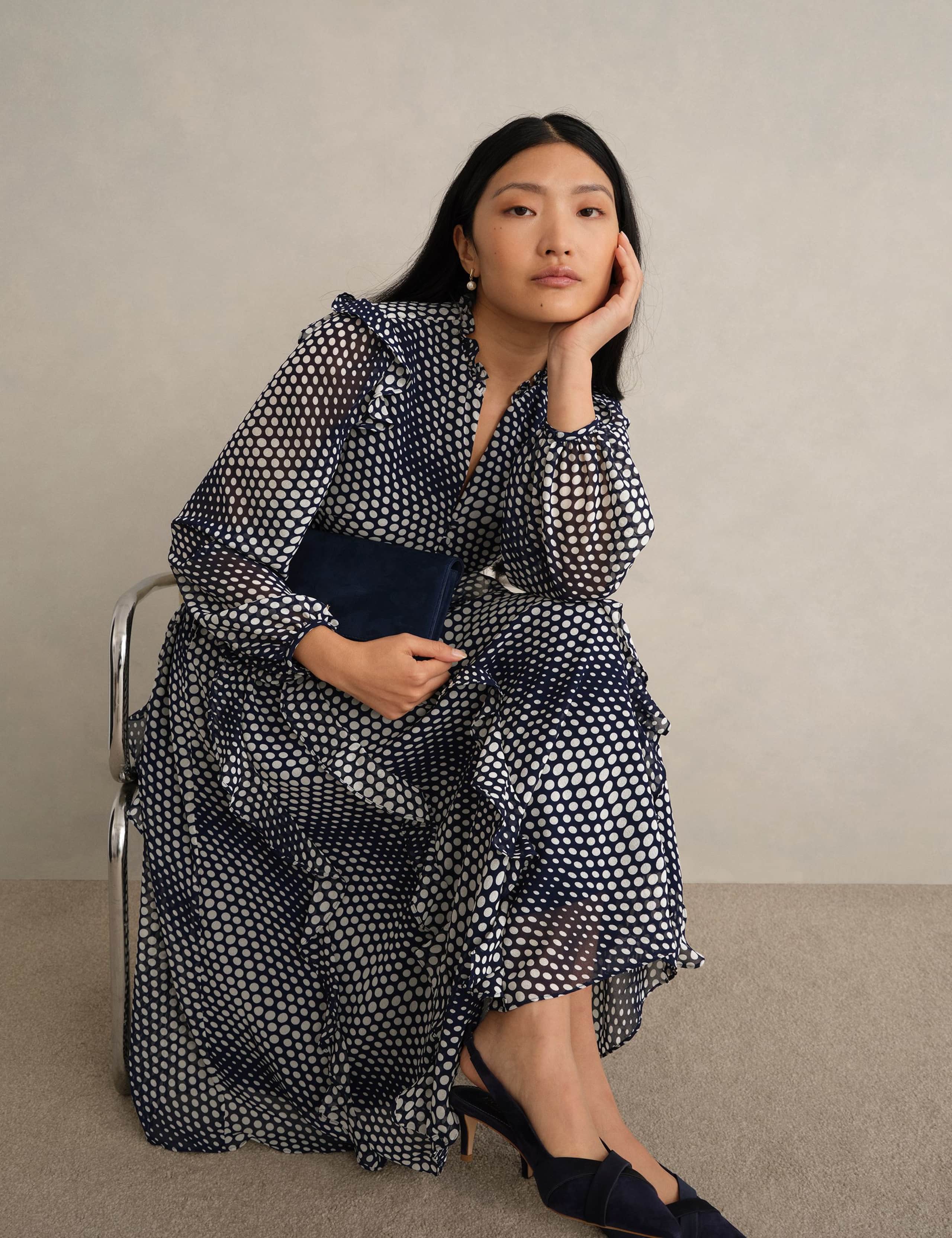 Polka Dot Ruffle Knee Length Wrap Dress