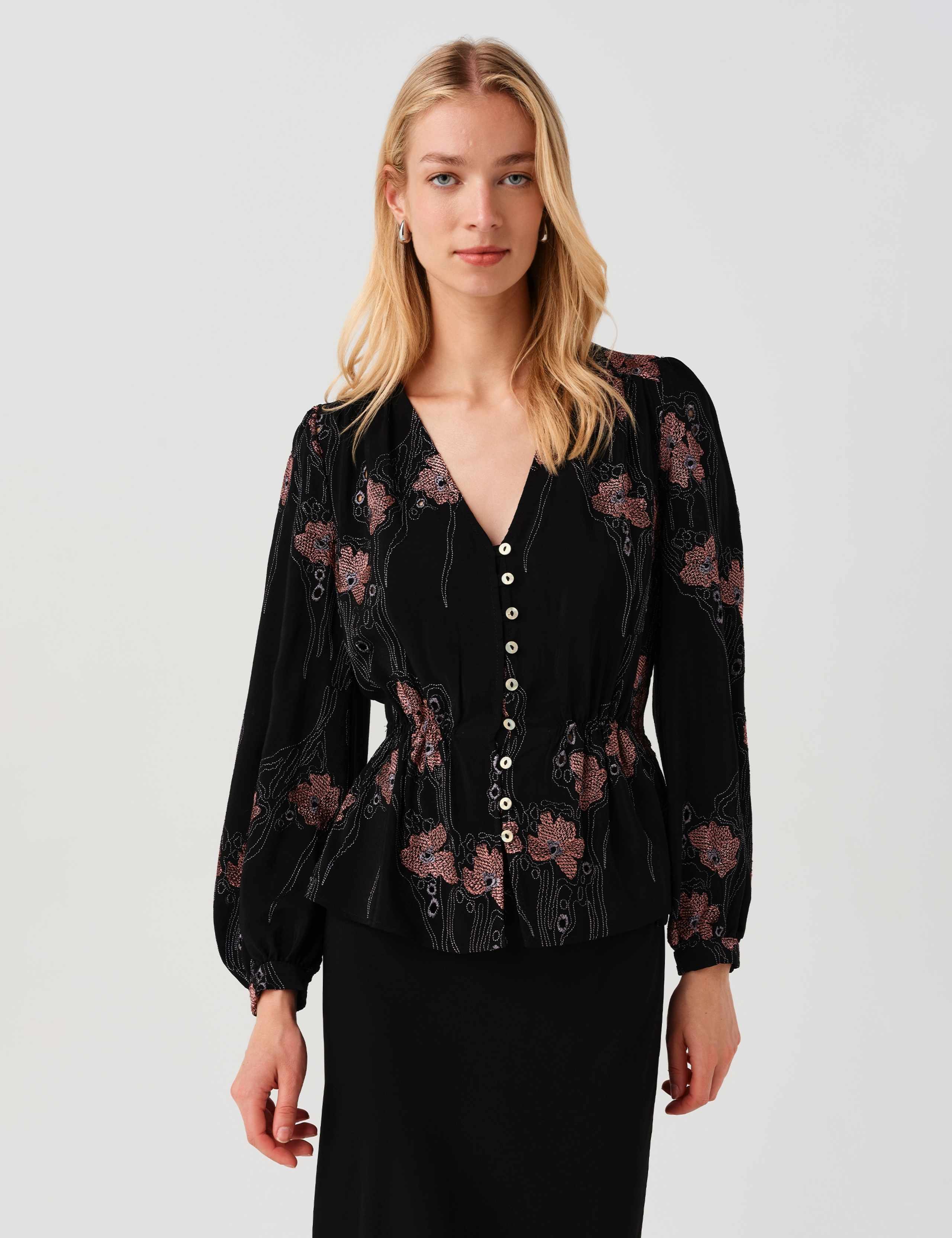 Crepe Embroidered V-Neck Button Through Blouse