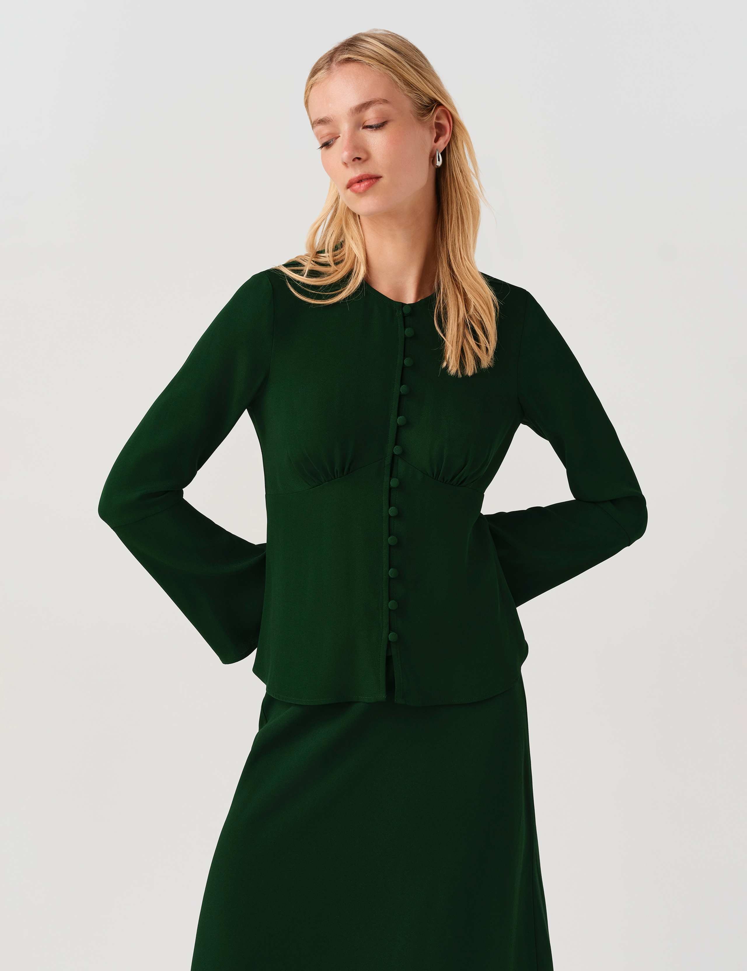 Round Neck Button Long Sleeve Blouse
