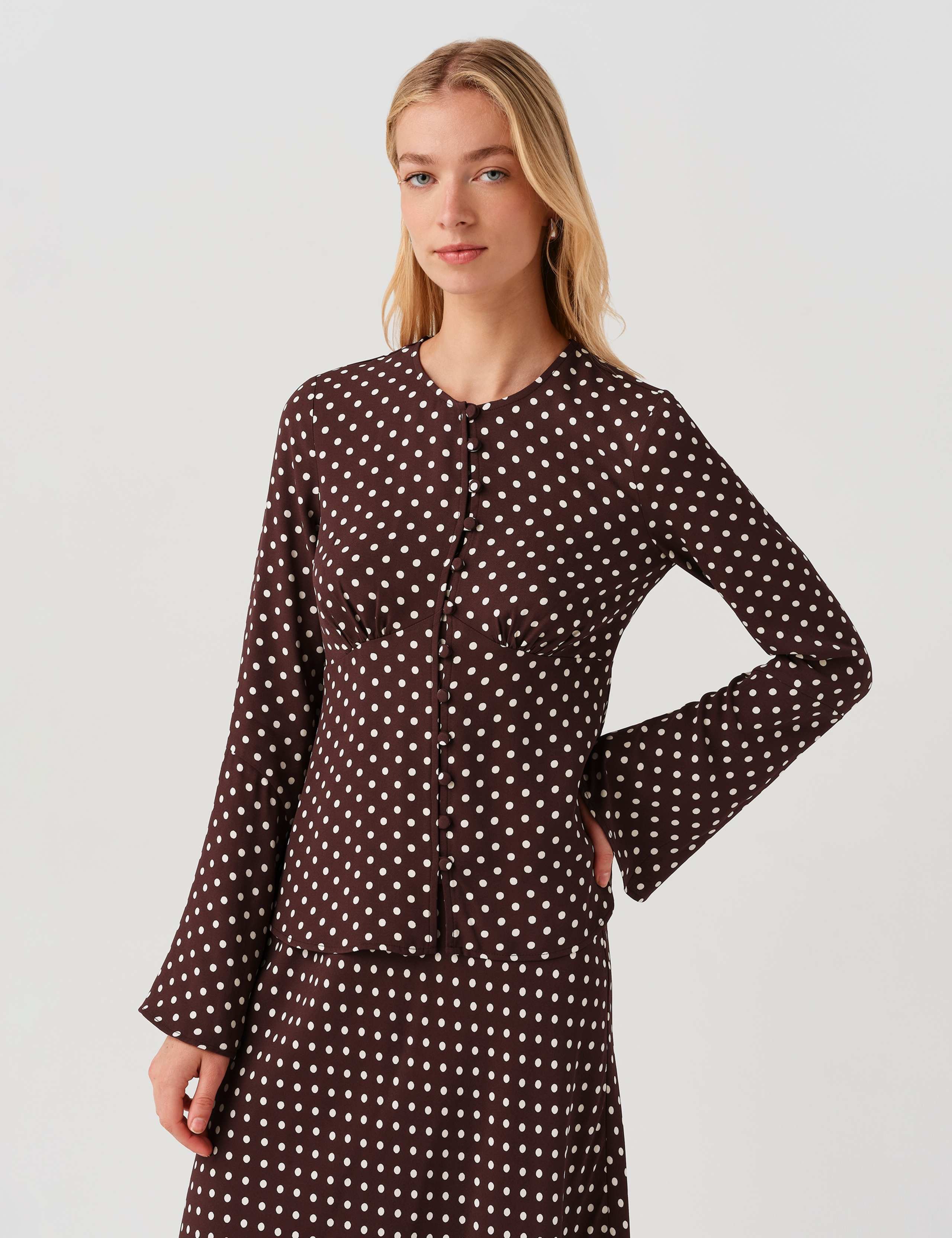 V Neck Polka Dot Long Sleeve Blouse