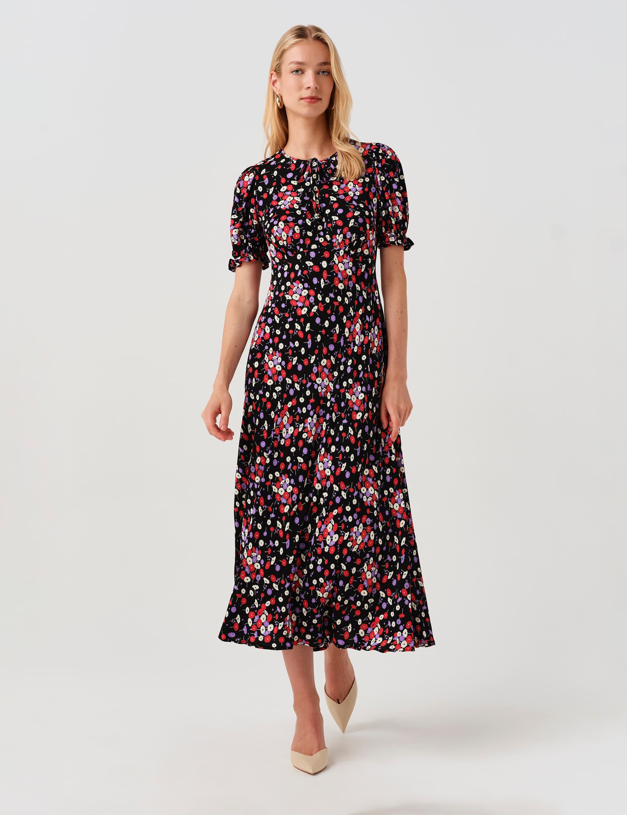Crepe Floral Tie Neck Midi Tea Dress