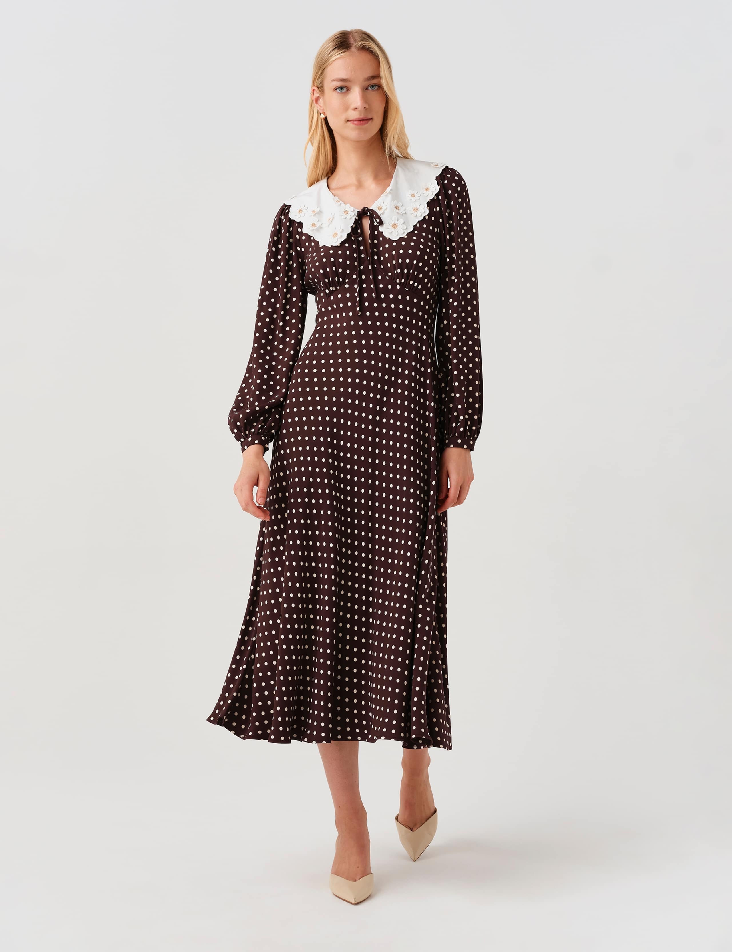 Crepe Polka Dot Midi Waisted Dress