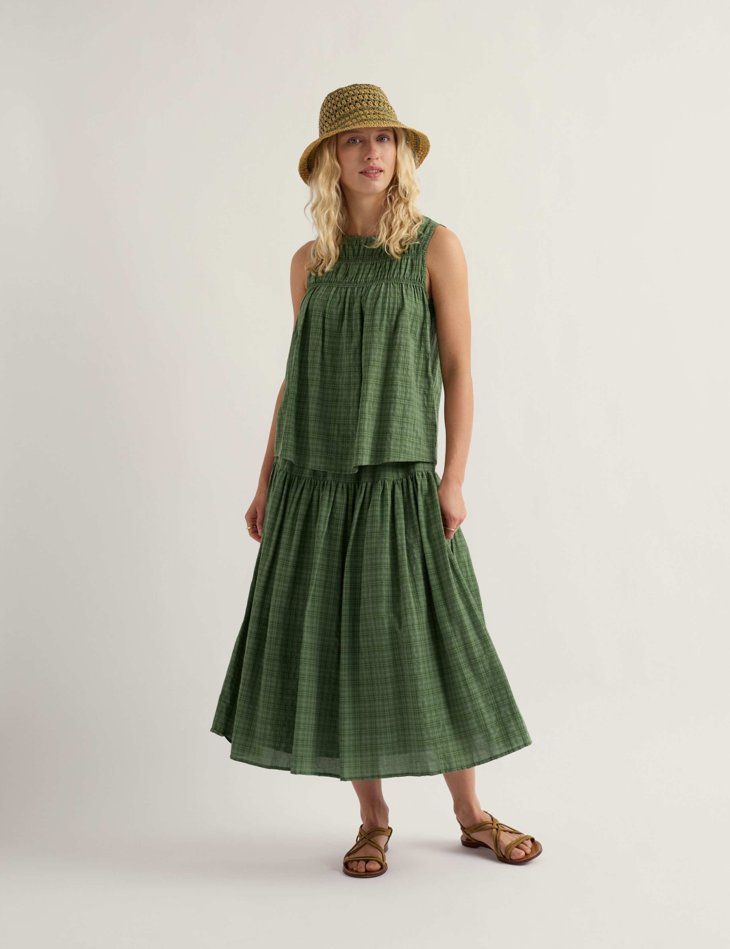 Cotton Rich Checked Midi A-Line Tiered Skirt