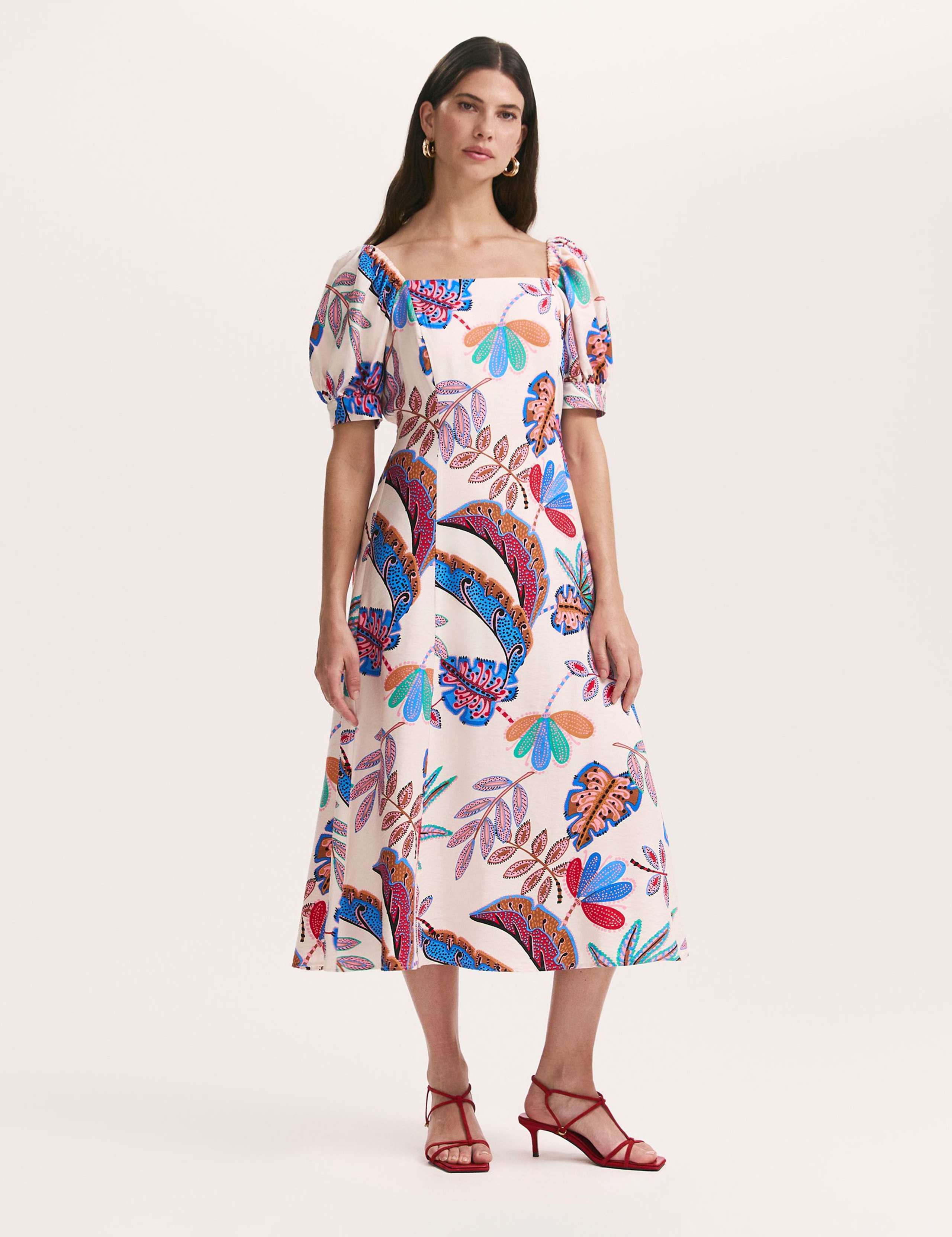 Printed Square Neck Midi Smock Dress