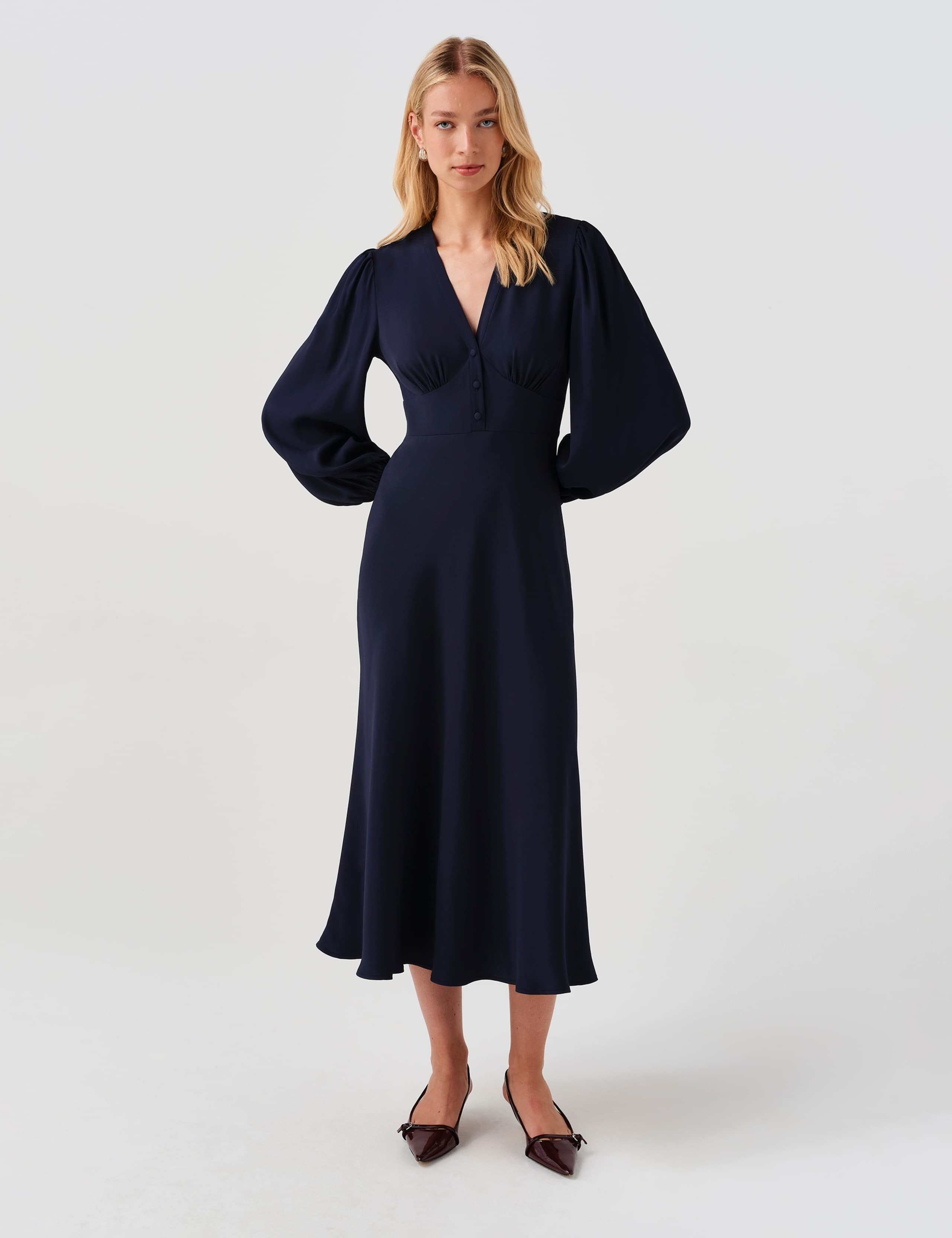 V-Neck Button Detail Midi Waisted Dress