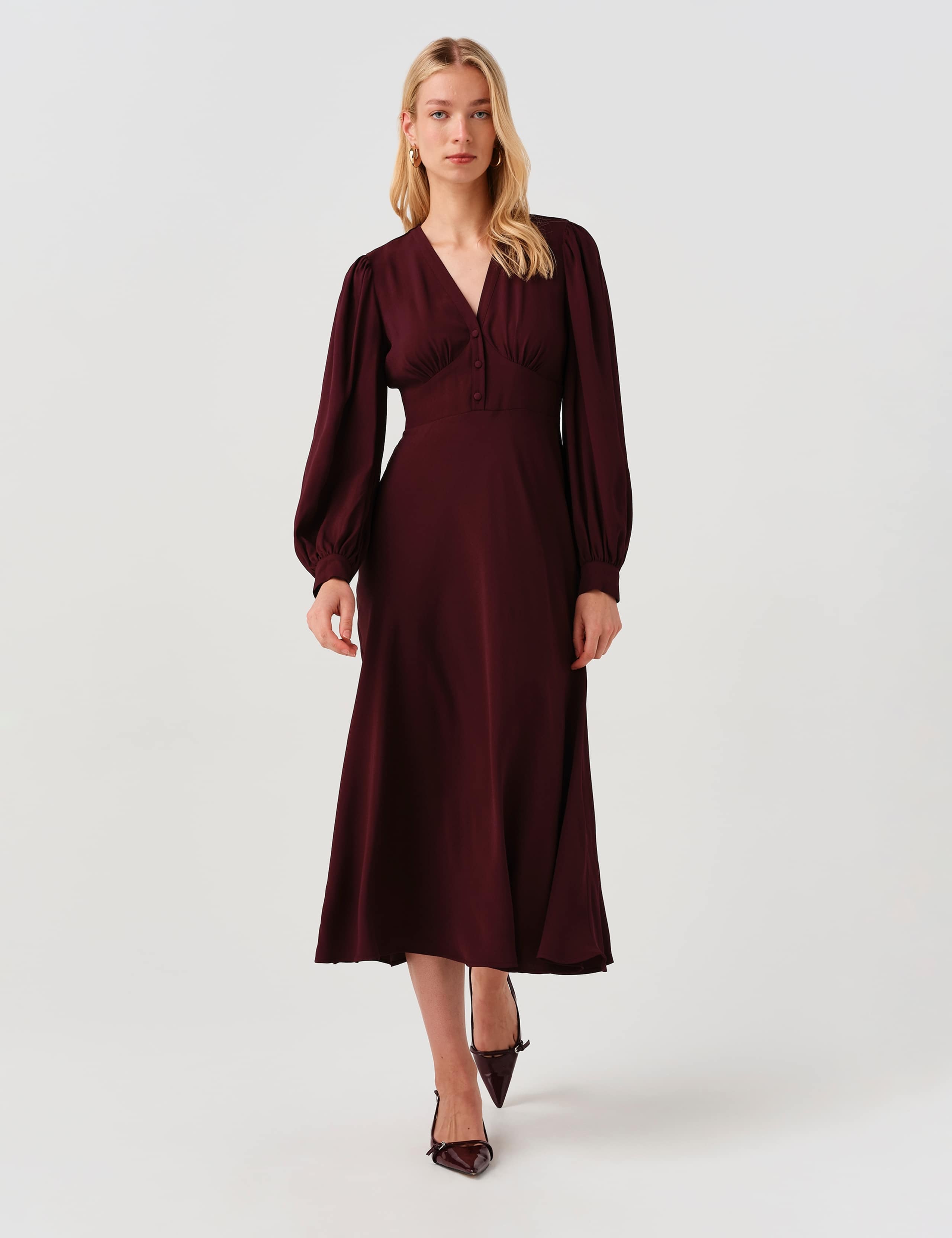 V-Neck Button Detail Midi Waisted Dress