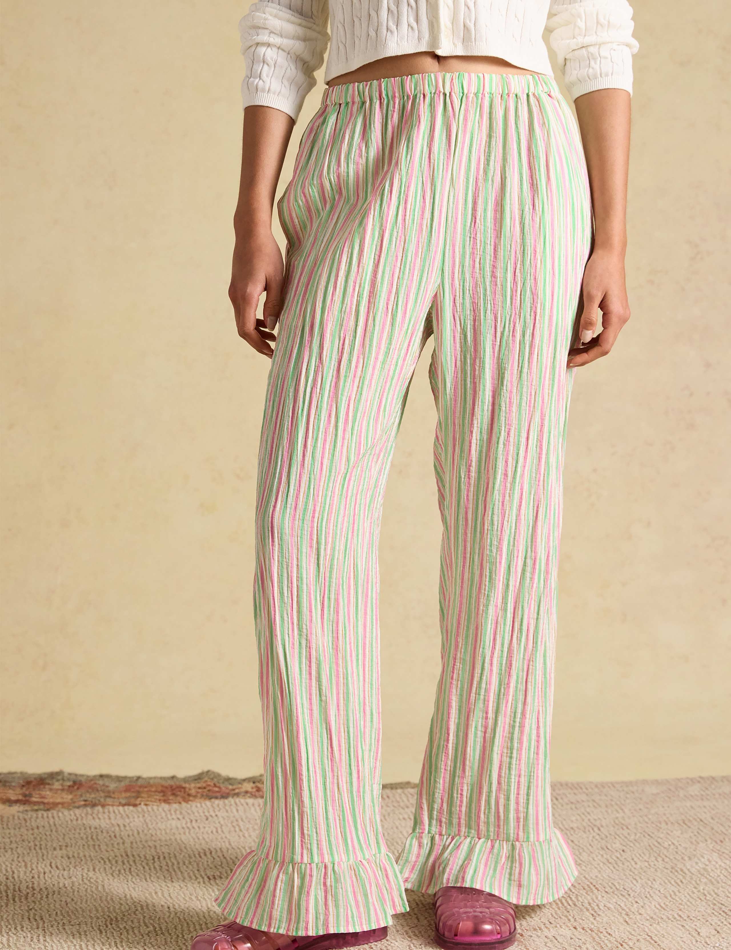 Striped Wide Leg Frill Hem Trousers