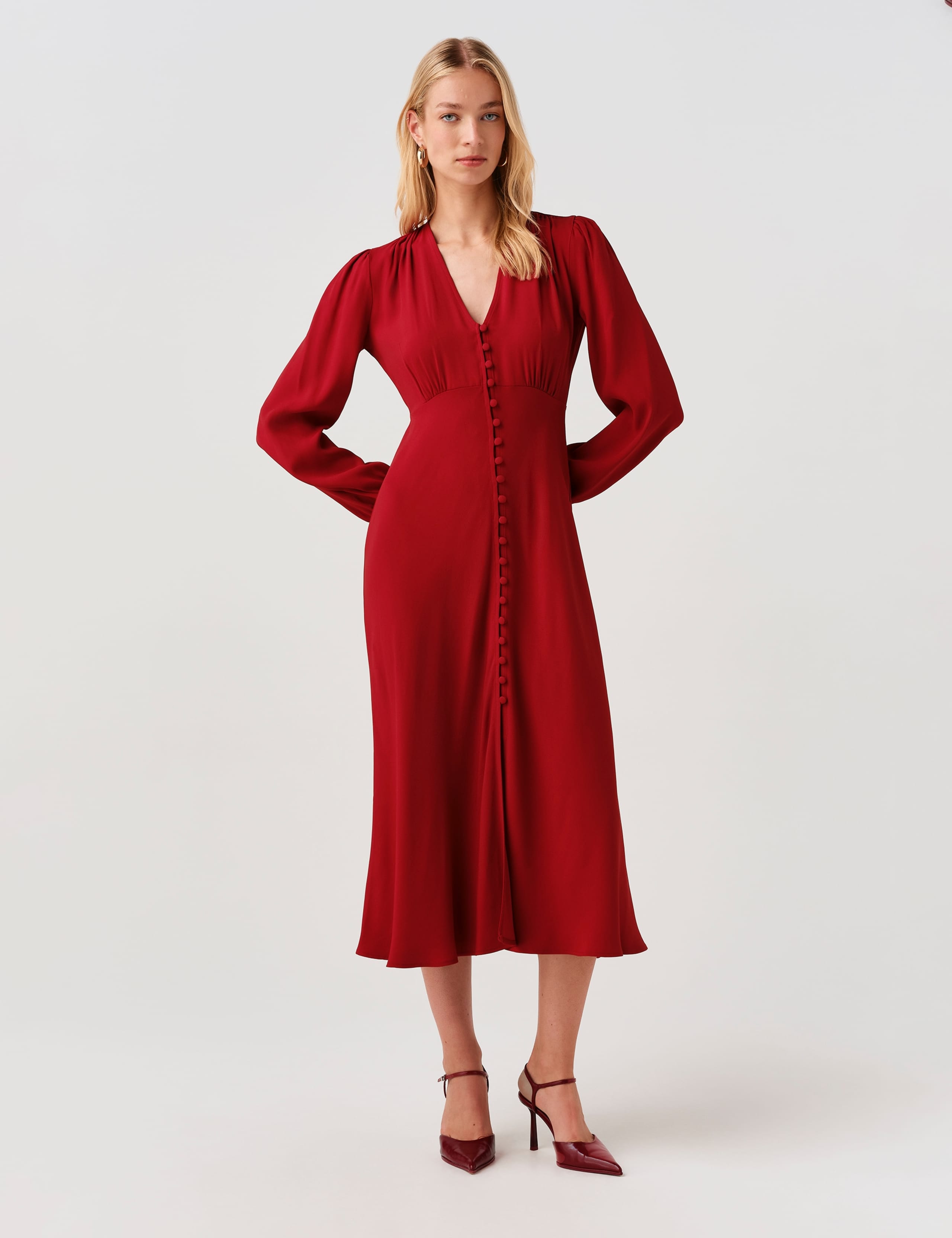 Crepe V-Neck Midi Waisted Dress