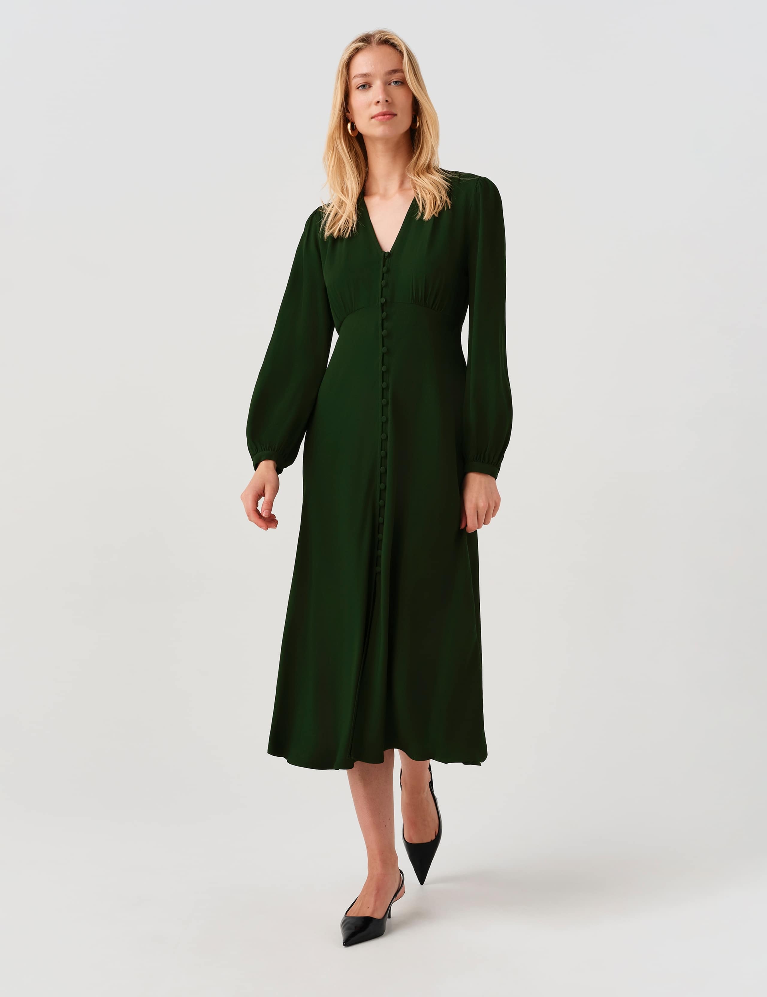 Crepe V-Neck Midi Waisted Dress