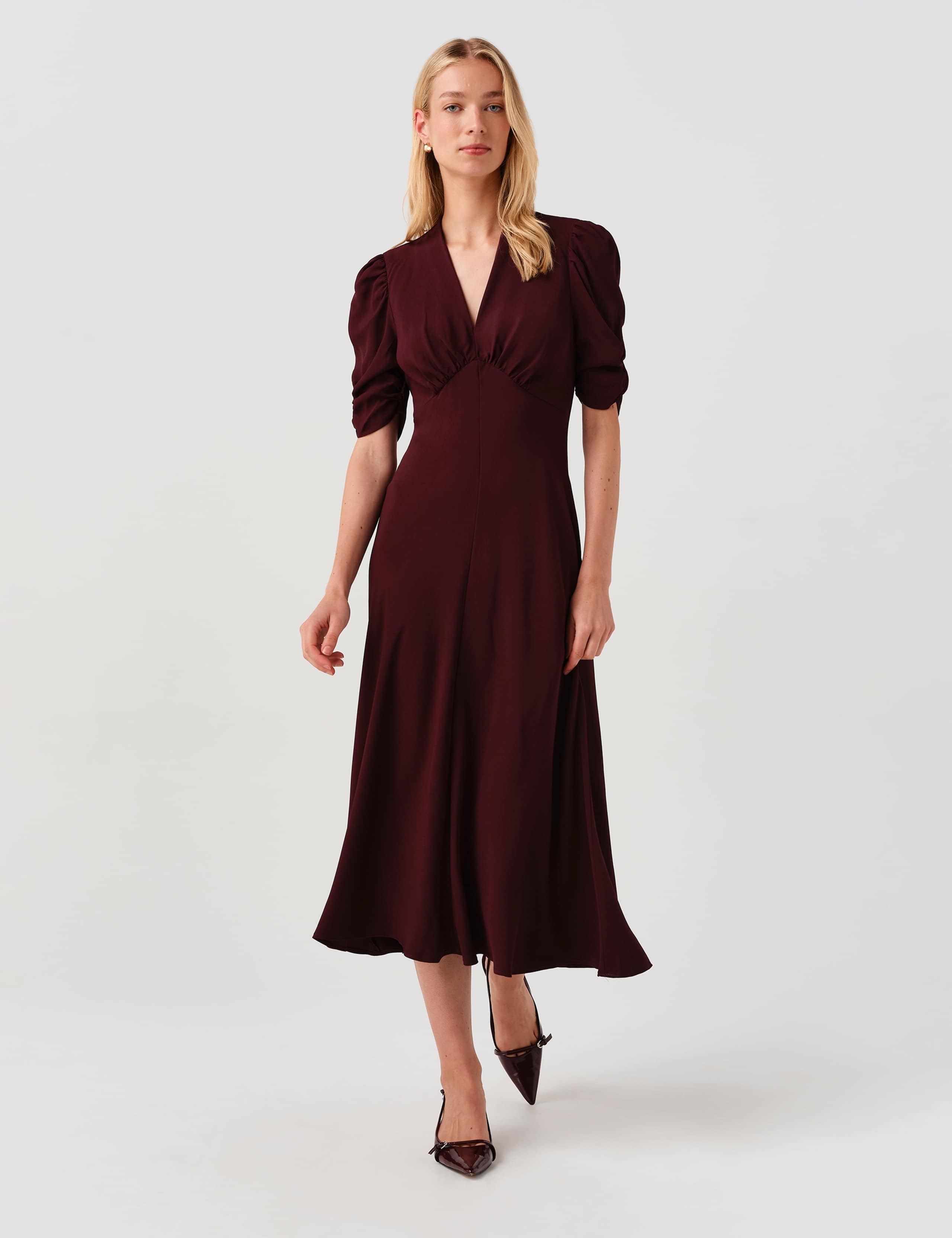 Crepe V-Neck Midi Tea Dress