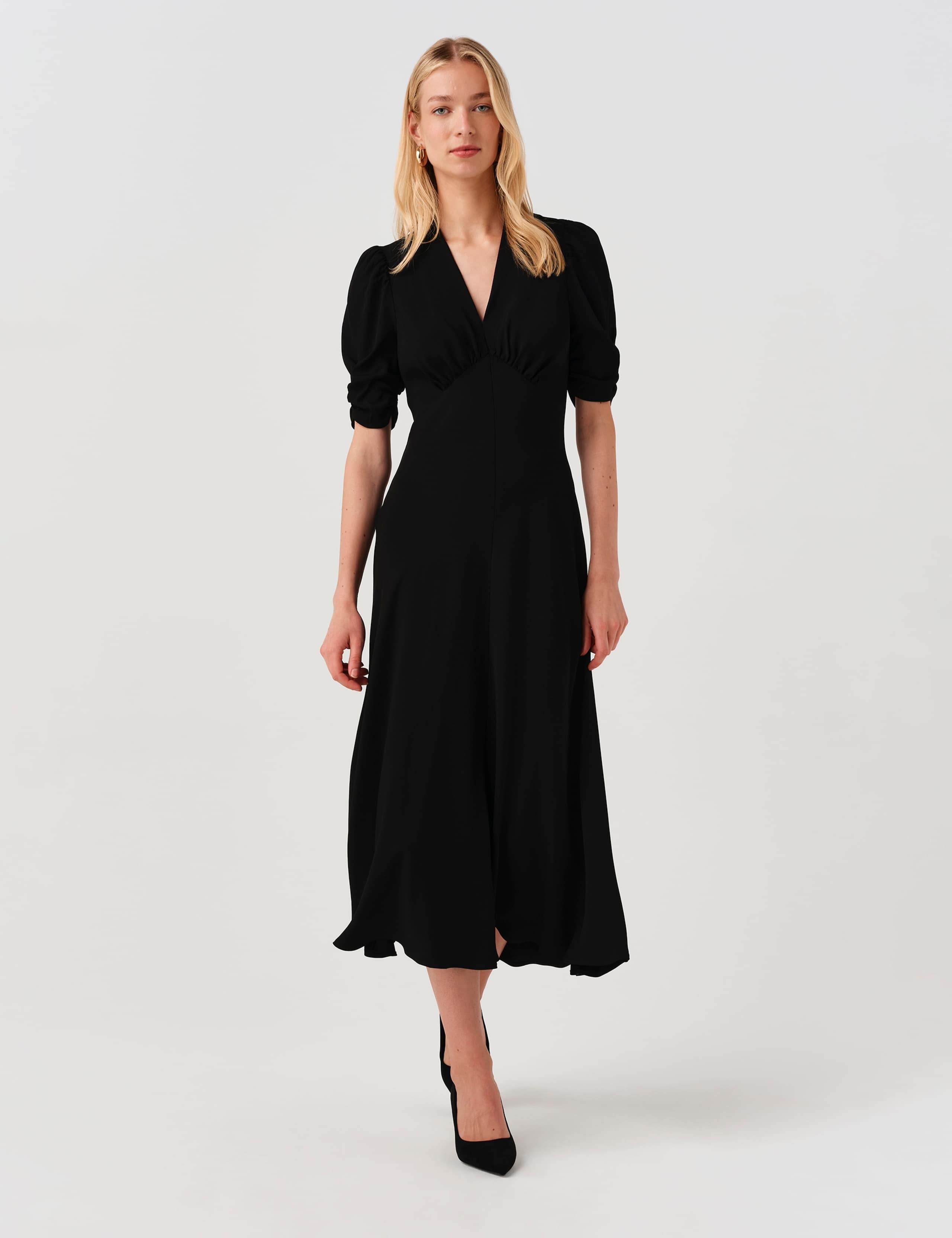 Crepe V-Neck Midi Tea Dress