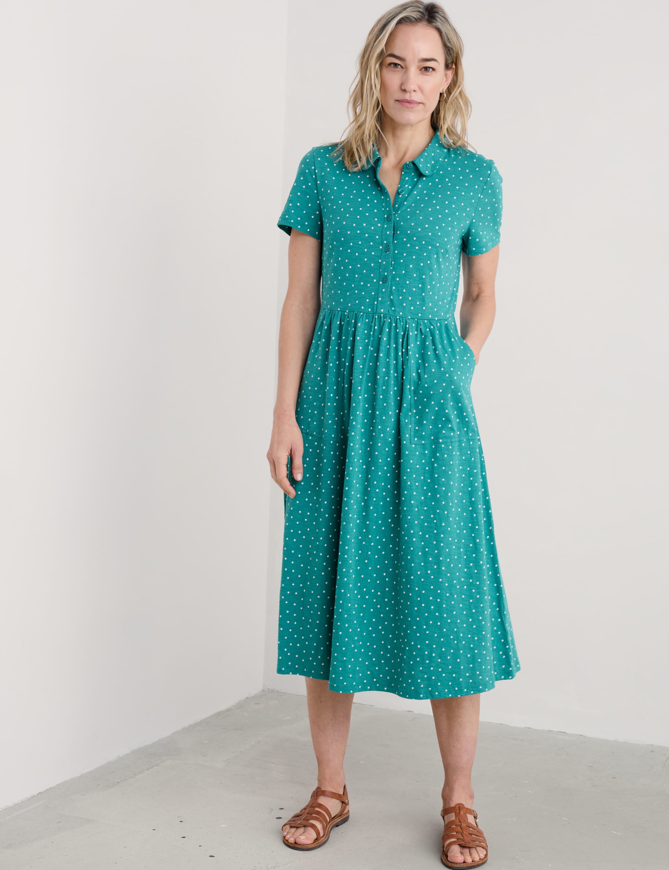 Pure Cotton Polka Dot Midi Shirt Dress