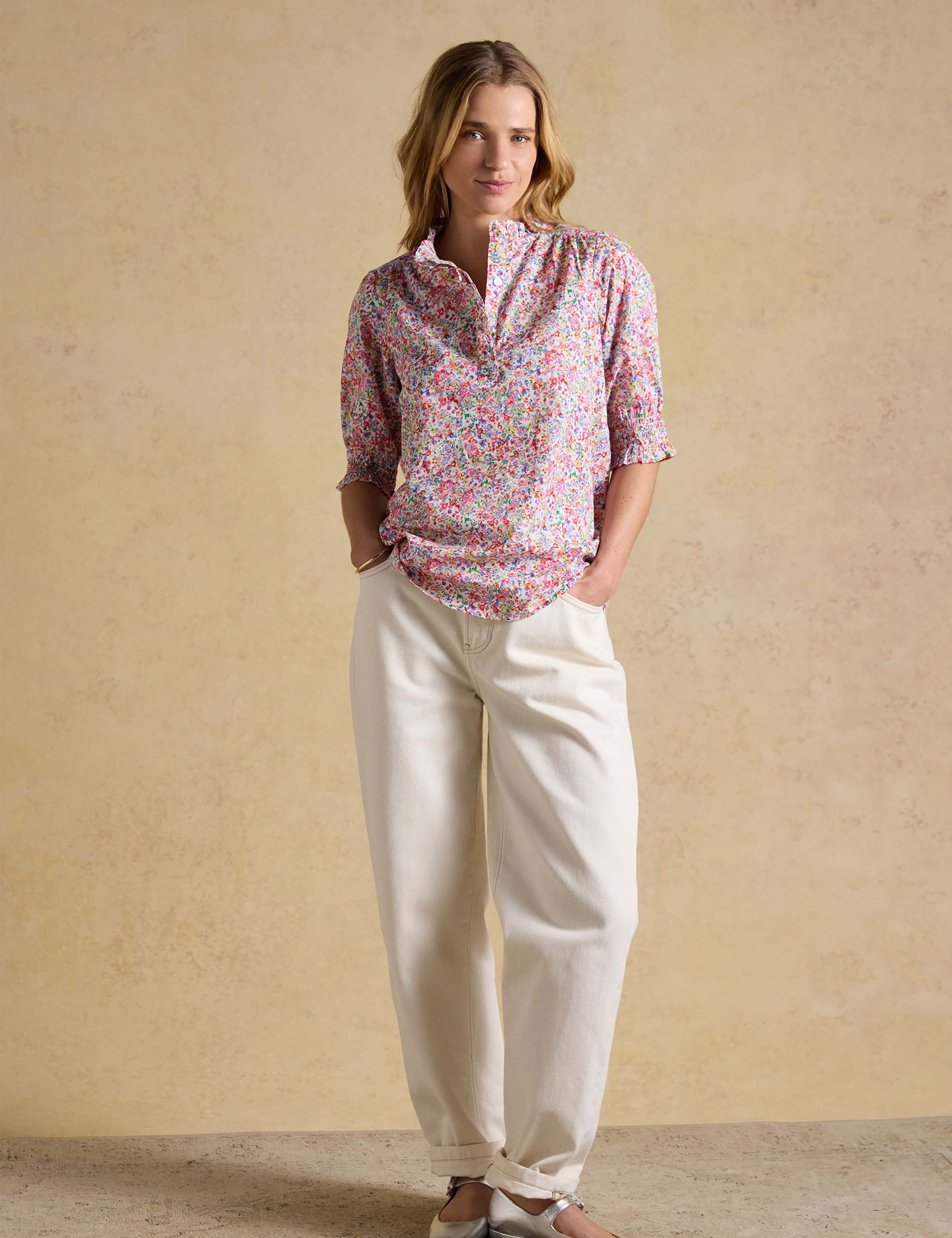 Pure Cotton Floral Frill V-Neck Blouse