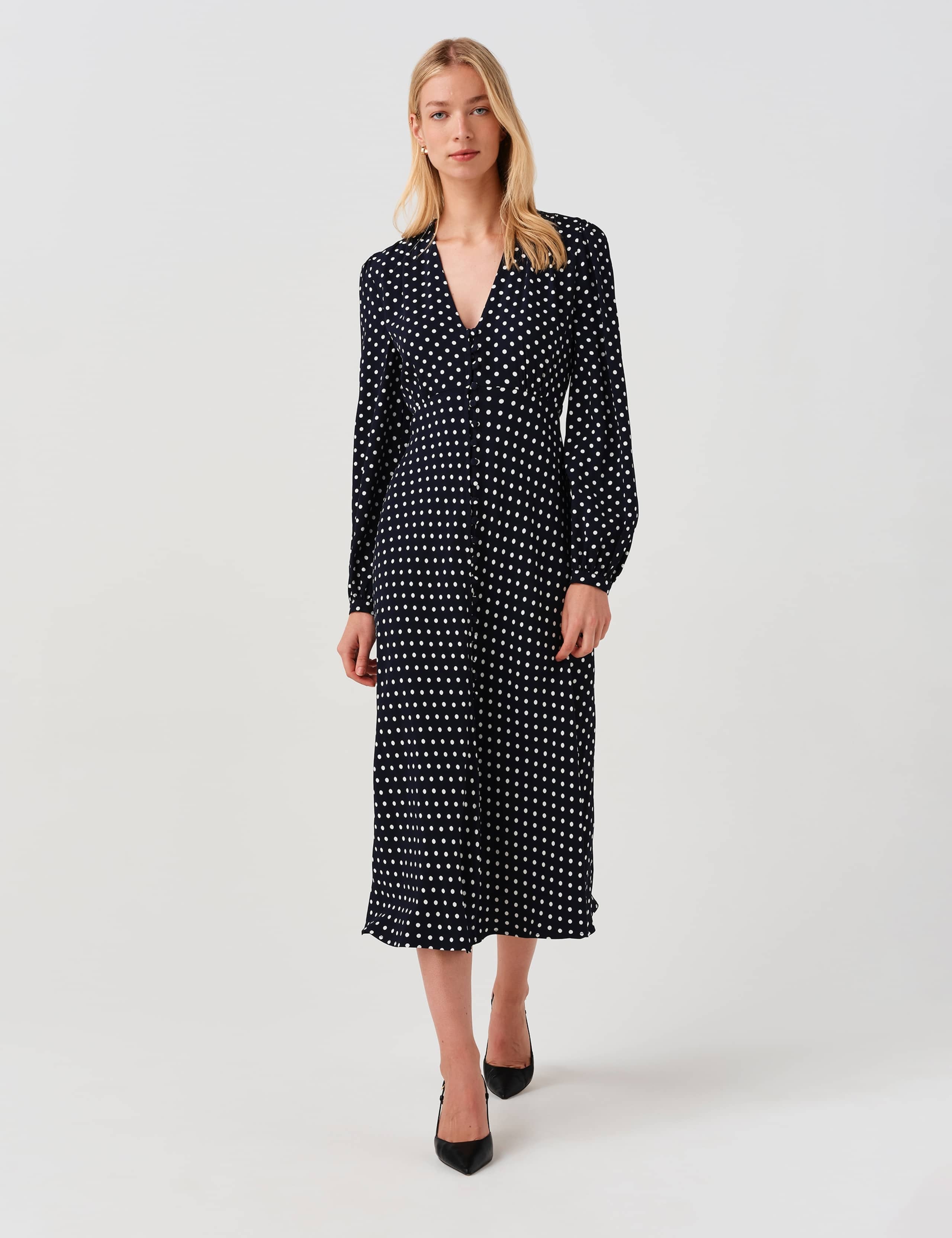 Crepe Polka Dot V-Neck Midi Waisted Dress