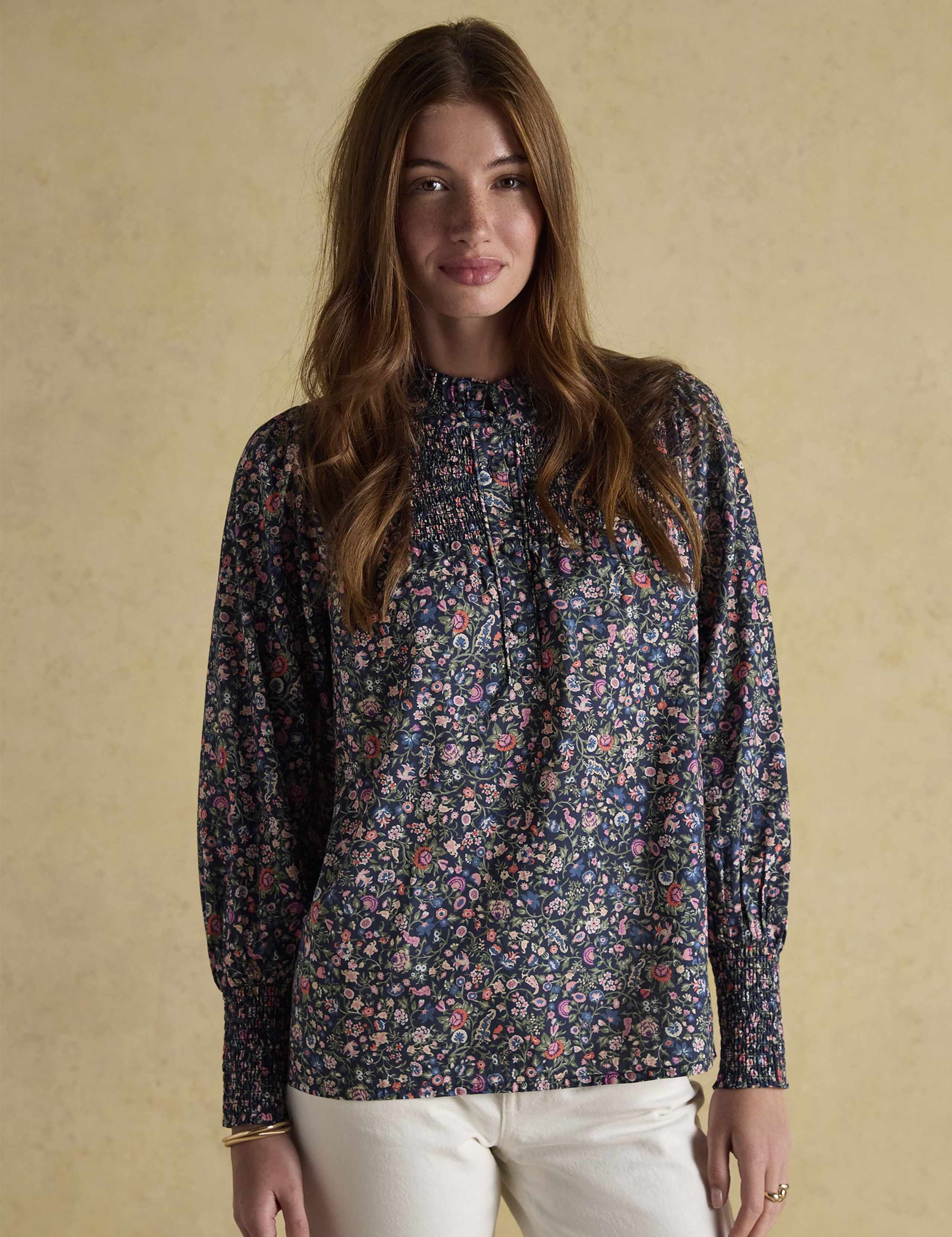 Pure Cotton Floral High Neck Smocked Blouse