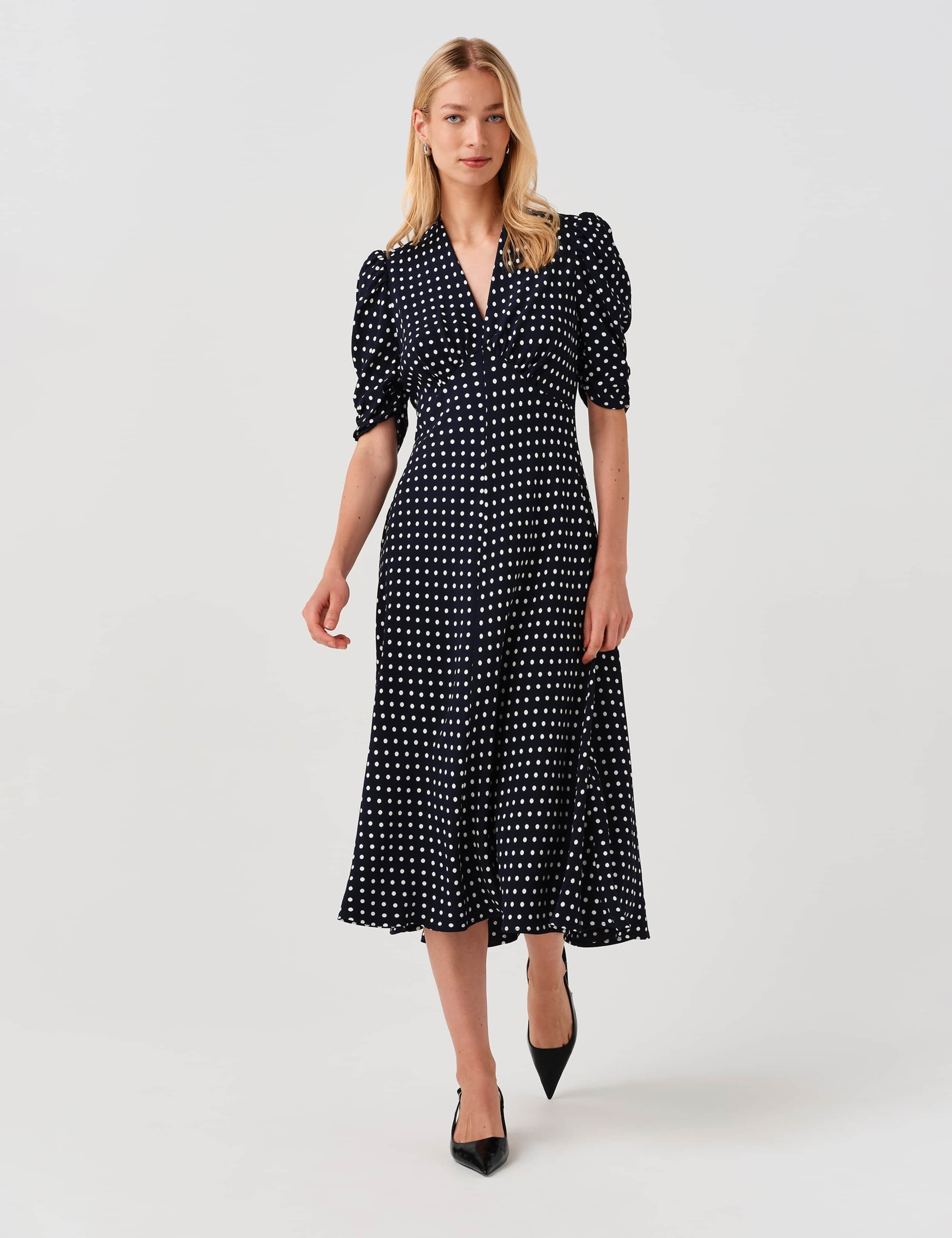 Polka Dot V-Neck Midi Tea Dress